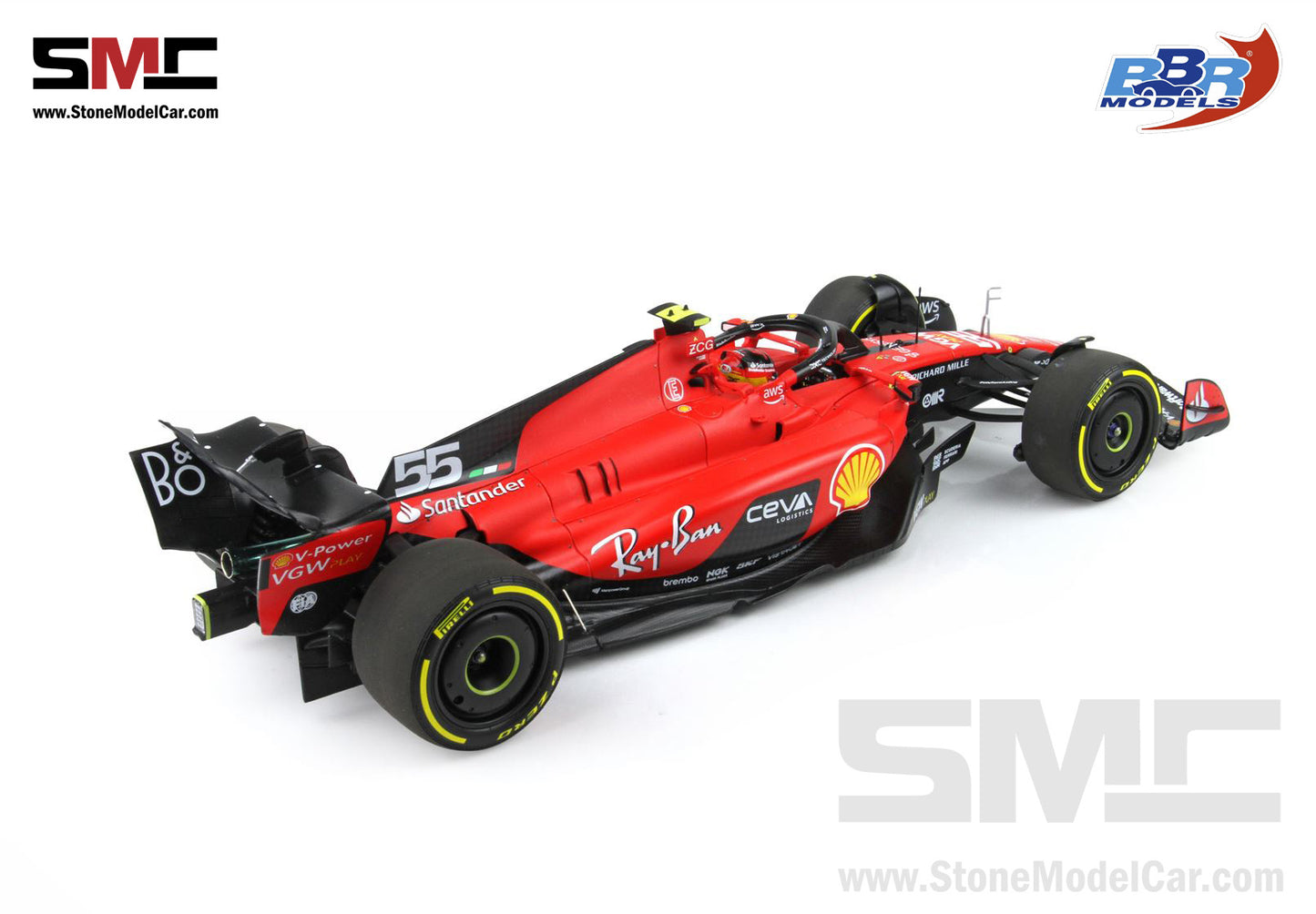 Ferrari F1 SF-23 #55 Carlos Sainz Belgium SPA GP 2023 BBR 1:18 with Leather Base