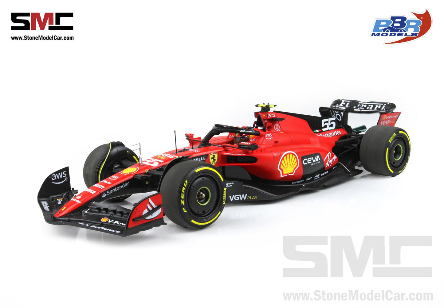 Ferrari F1 SF-23 #55 Carlos Sainz Belgium SPA GP 2023 BBR 1:18 with Leather Base