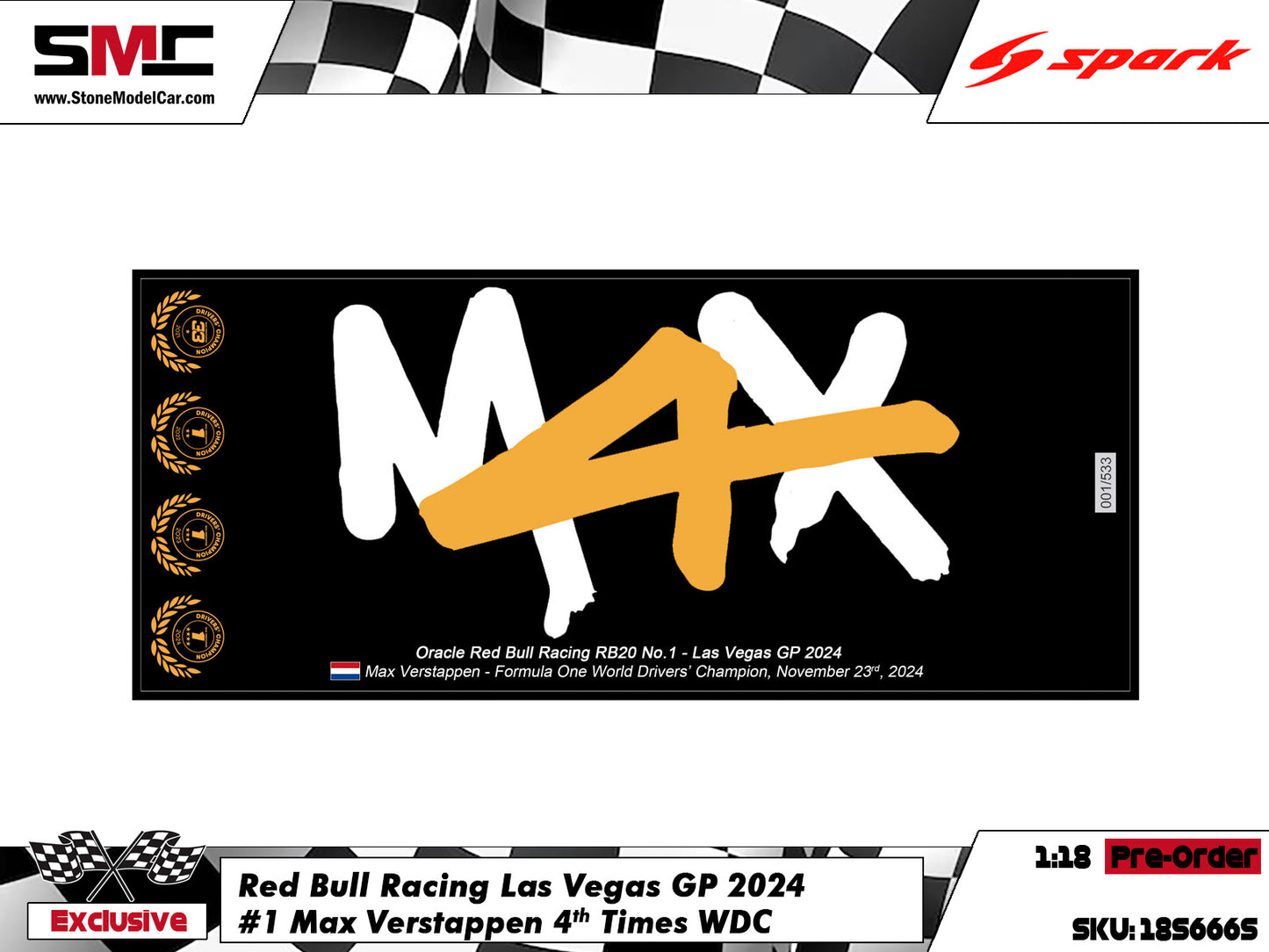 [Pre-Order] Red Bull RB20 #1 Max Verstappen Las Vegas GP 2024 F1 World Champion 1:18 Spark Figure Edition