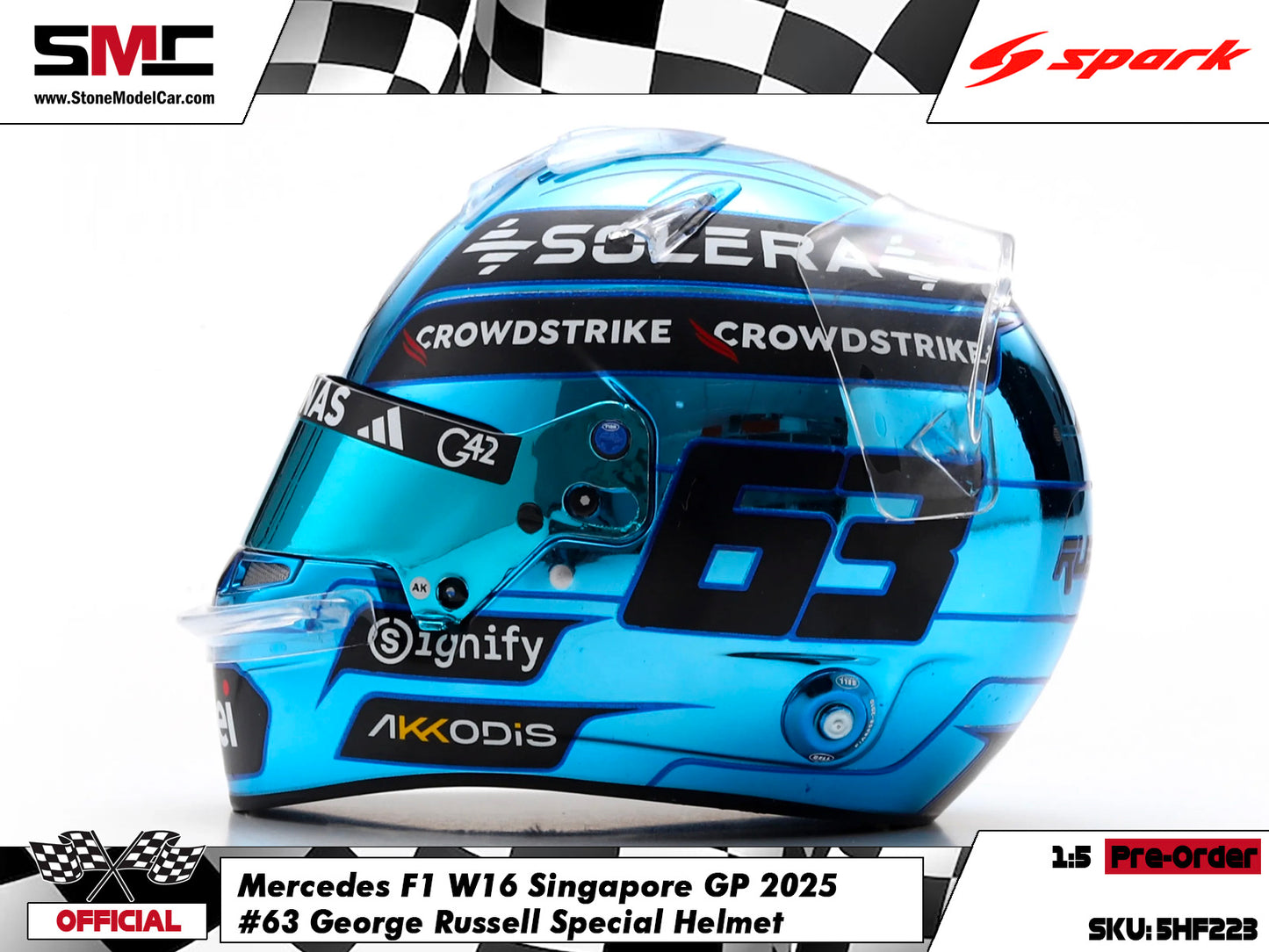 [Pre-Order] Mercedes F1 W16 #63 George Russell Singapore GP 2025 Spark 1:5 Miniature Helmet