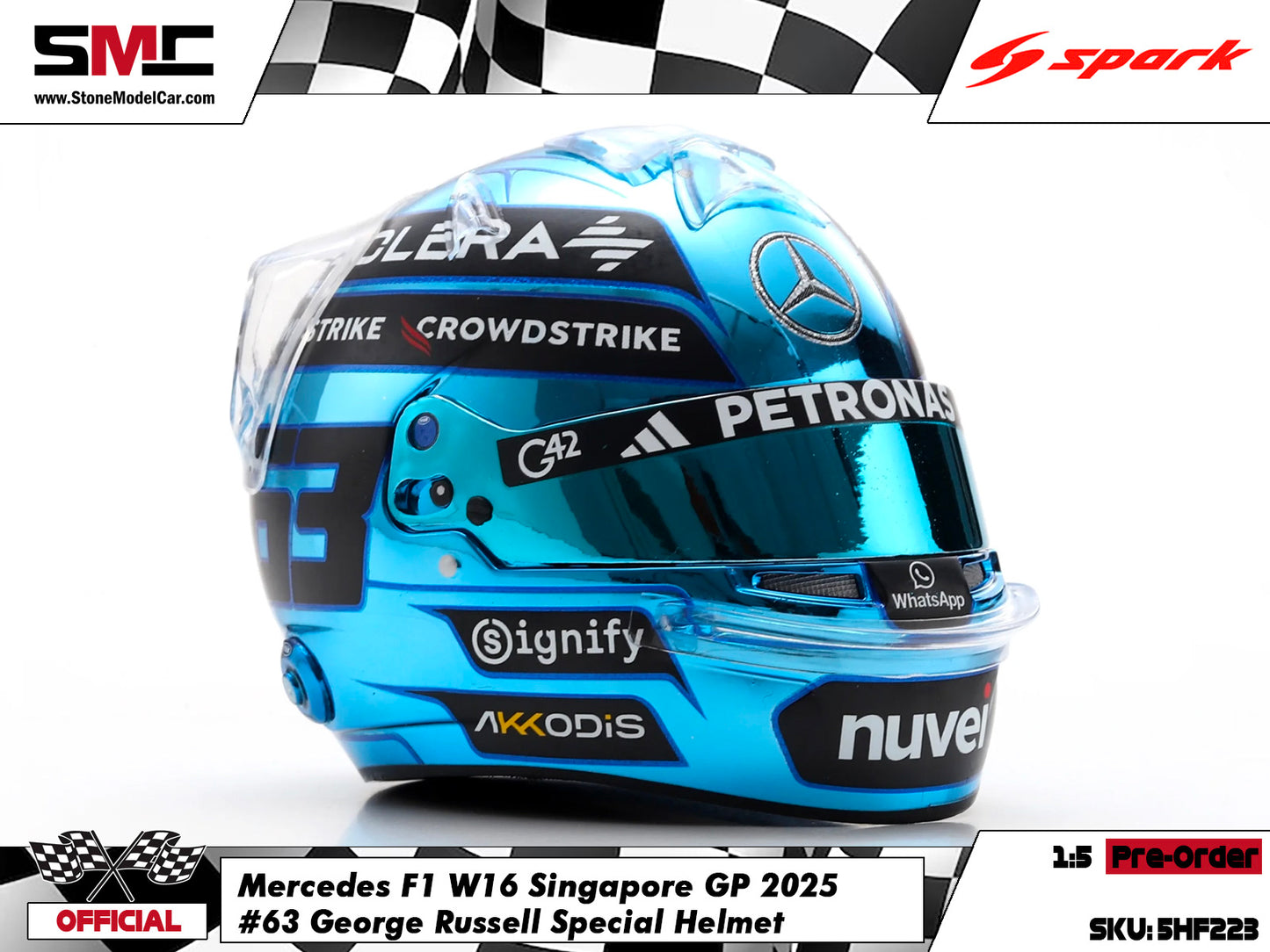[Pre-Order] Mercedes F1 W16 #63 George Russell Singapore GP 2025 Spark 1:5 Miniature Helmet