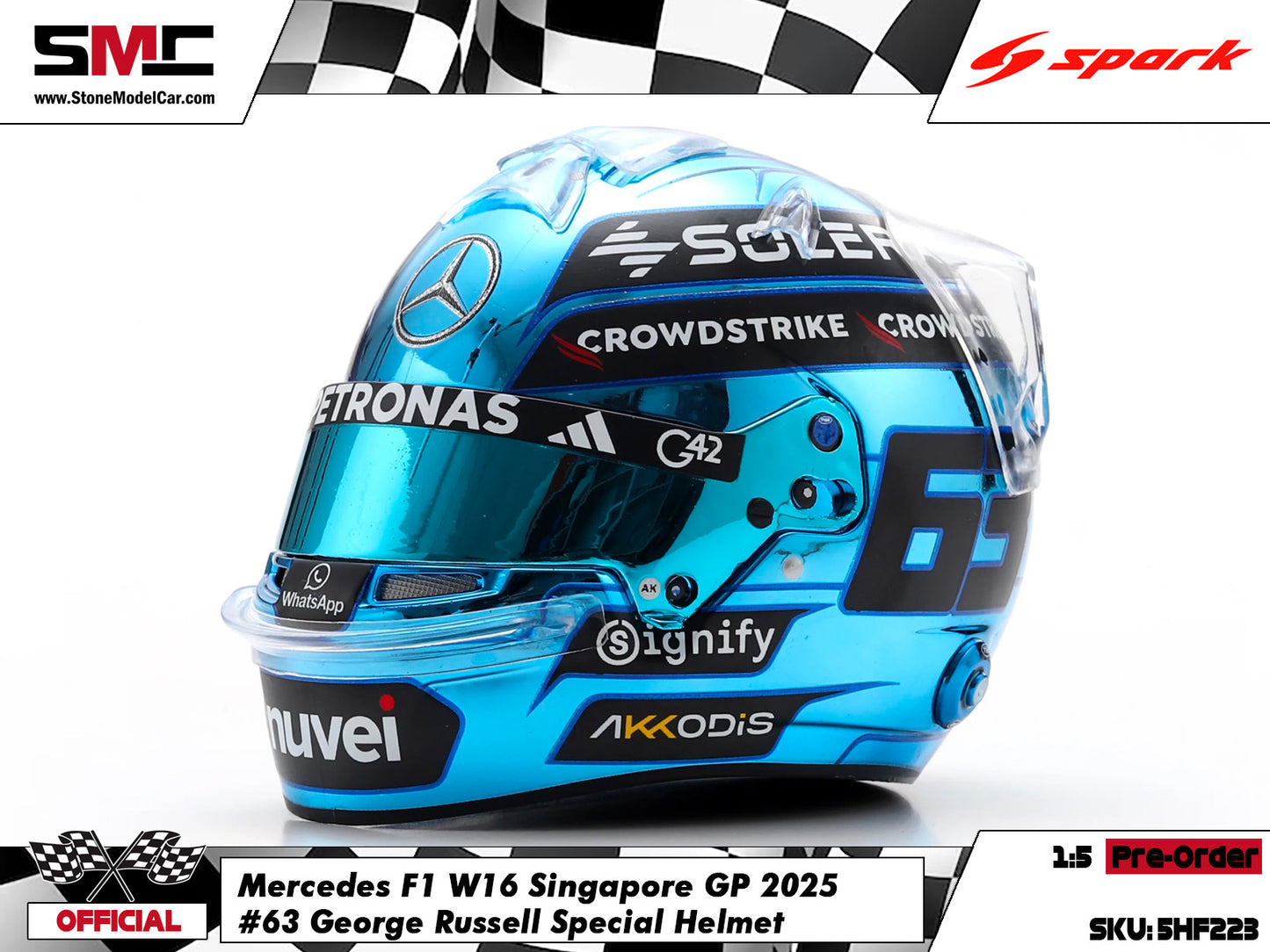 [Pre-Order] Mercedes F1 W16 #63 George Russell Singapore GP 2025 Spark 1:5 Miniature Helmet