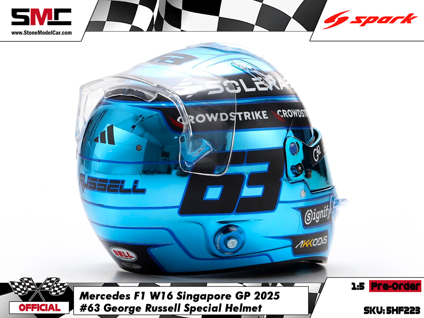 [Pre-Order] Mercedes F1 W16 #63 George Russell Singapore GP 2025 Spark 1:5 Miniature Helmet