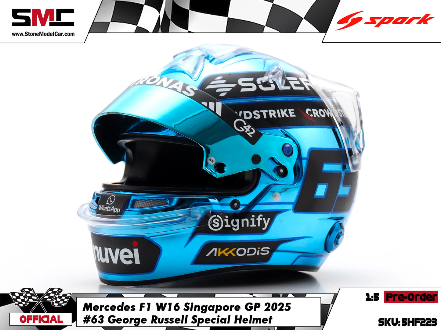 [Pre-Order] Mercedes F1 W16 #63 George Russell Singapore GP 2025 Spark 1:5 Miniature Helmet