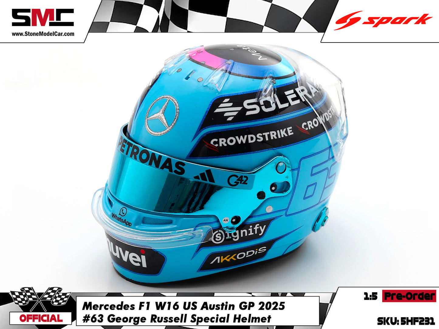 [Pre-Order] Mercedes F1 W16 #63 George Russell US Austin GP 2025 Spark 1:5 Miniature Helmet