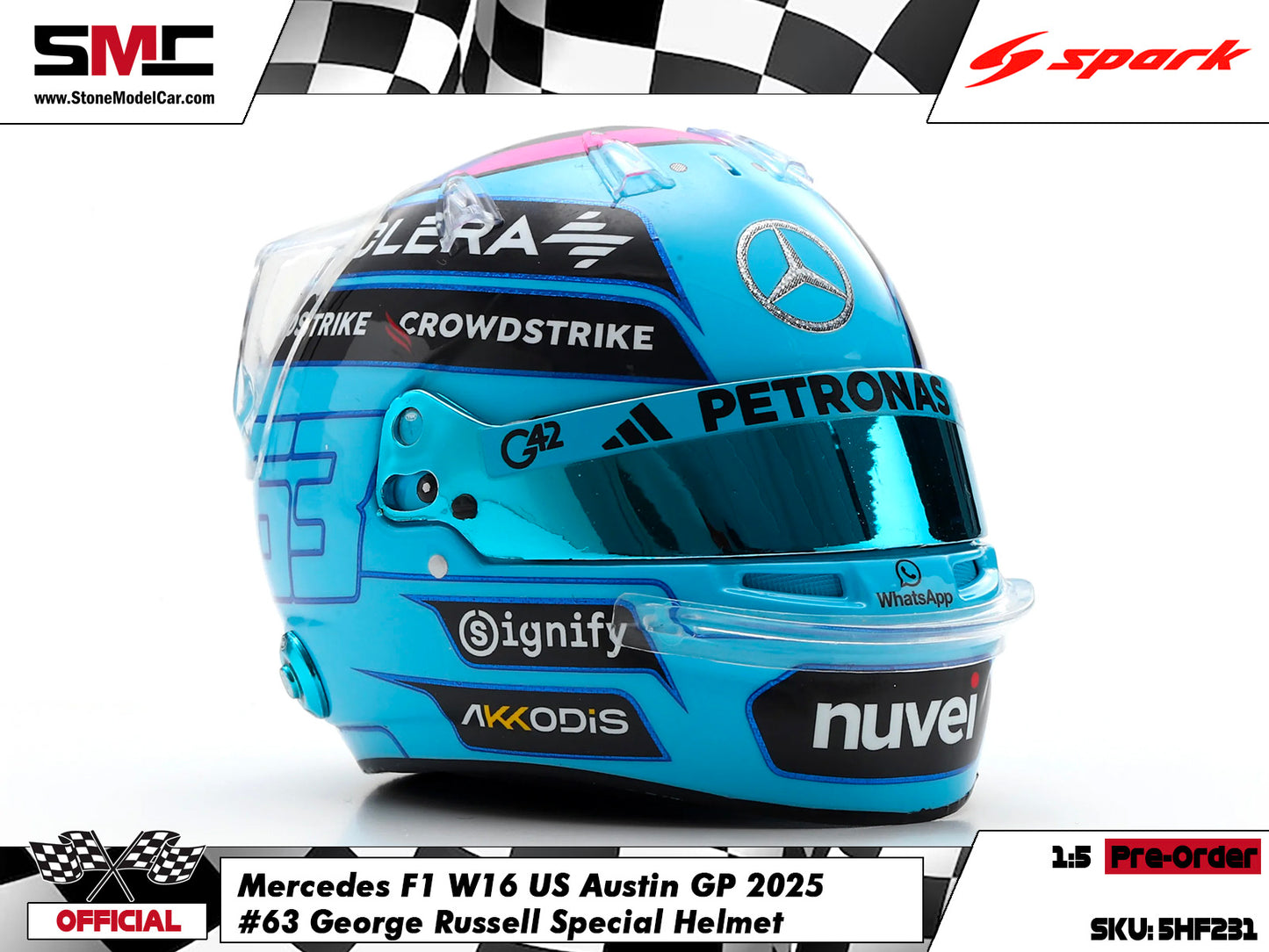 [Pre-Order] Mercedes F1 W16 #63 George Russell US Austin GP 2025 Spark 1:5 Miniature Helmet