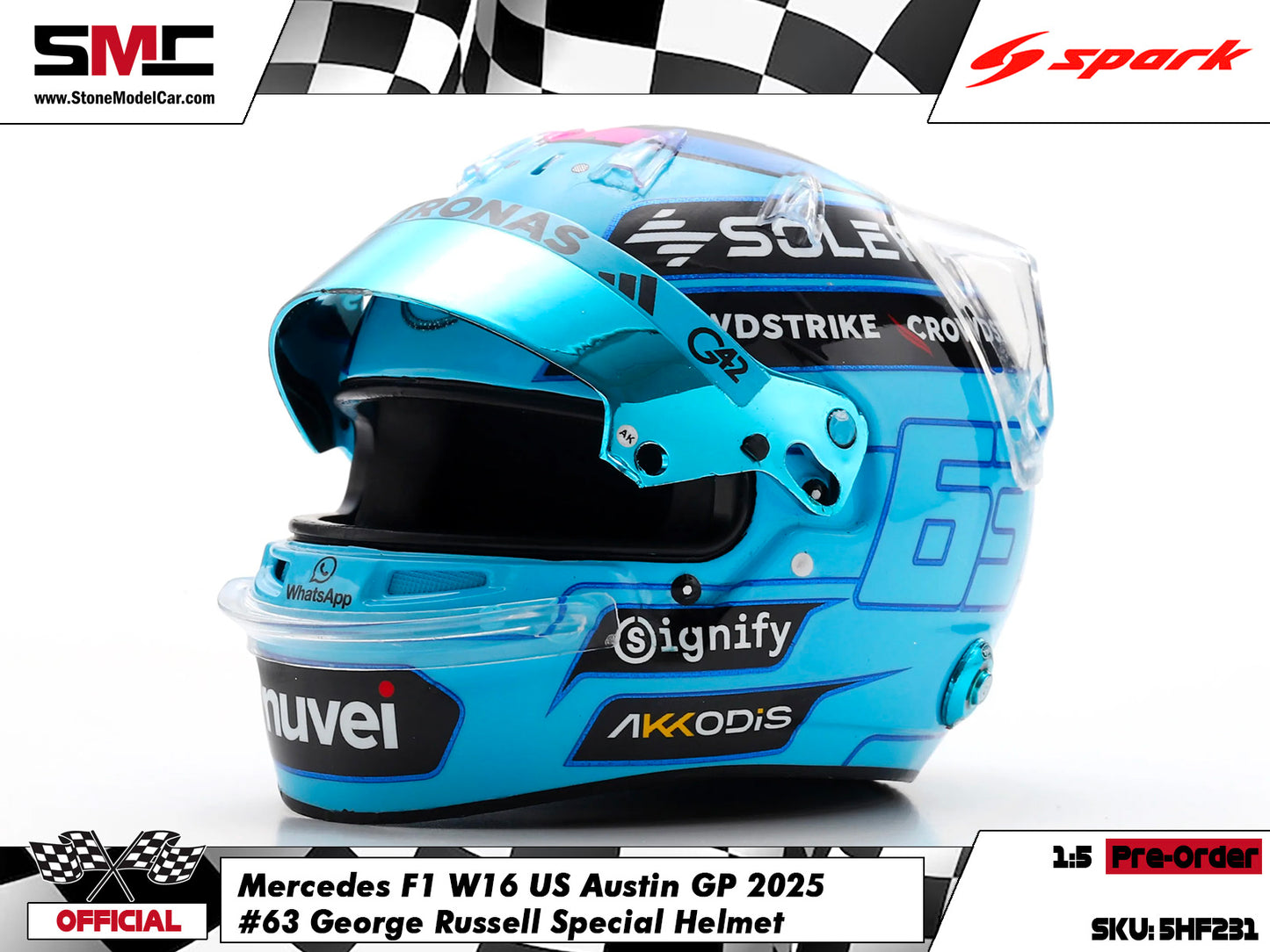 [Pre-Order] Mercedes F1 W16 #63 George Russell US Austin GP 2025 Spark 1:5 Miniature Helmet