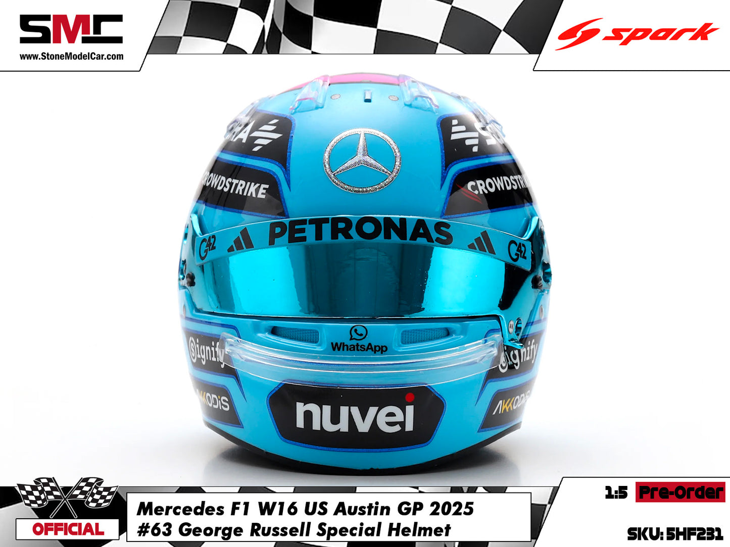 [Pre-Order] Mercedes F1 W16 #63 George Russell US Austin GP 2025 Spark 1:5 Miniature Helmet