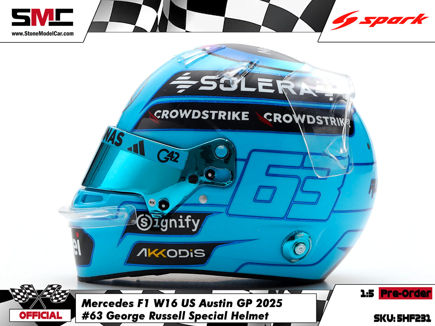 [Pre-Order] Mercedes F1 W16 #63 George Russell US Austin GP 2025 Spark 1:5 Miniature Helmet