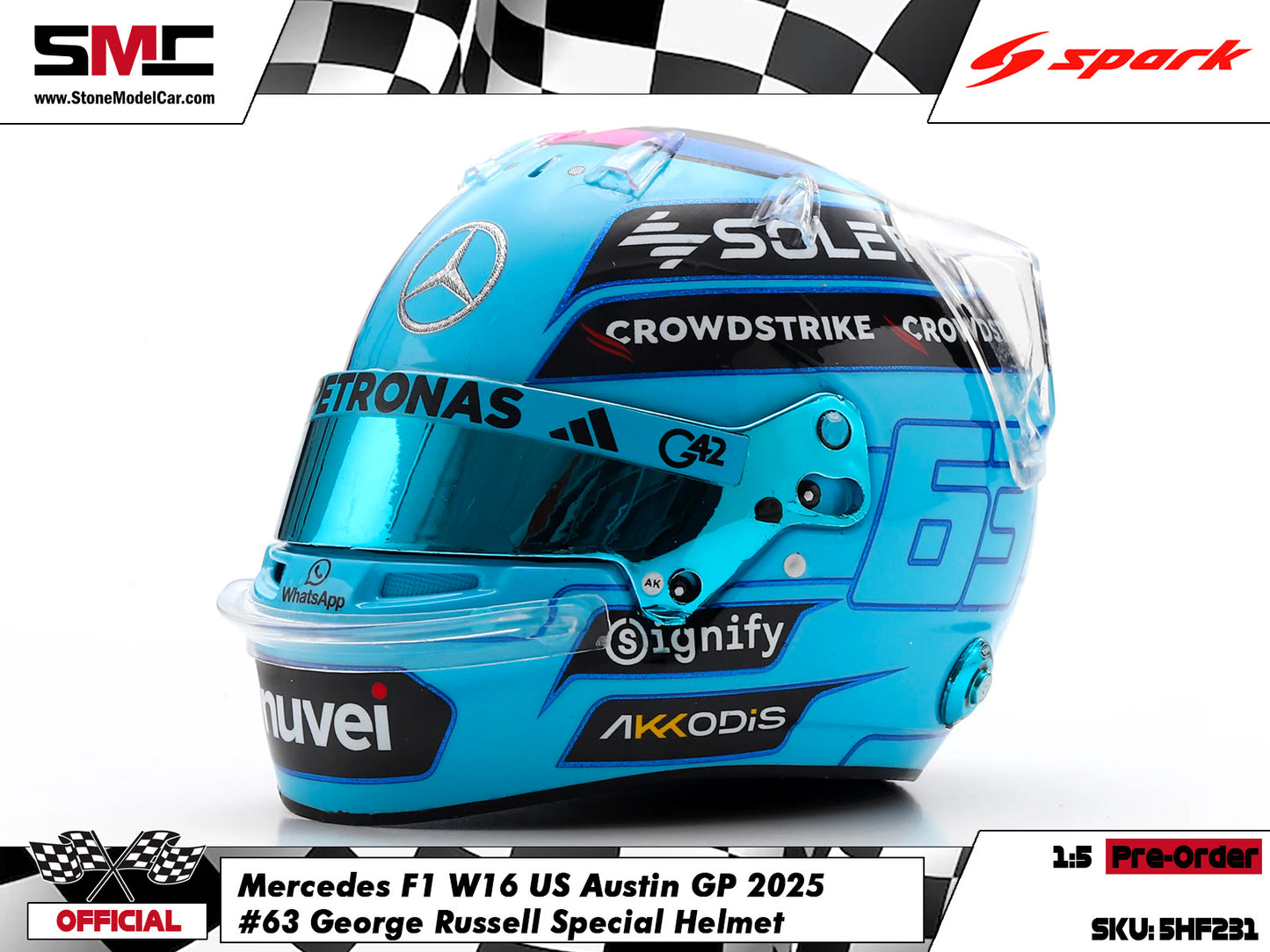 [Pre-Order] Mercedes F1 W16 #63 George Russell US Austin GP 2025 Spark 1:5 Miniature Helmet