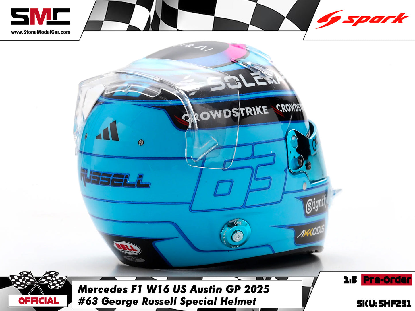 [Pre-Order] Mercedes F1 W16 #63 George Russell US Austin GP 2025 Spark 1:5 Miniature Helmet