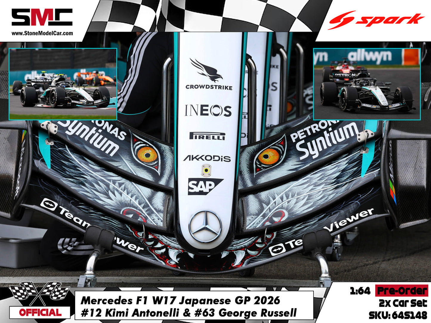 [Pre-Order] Mercedes F1 W17 #12 Kimi & #63 George Japanese GP 2026 Spark 1:64 2x Car Set