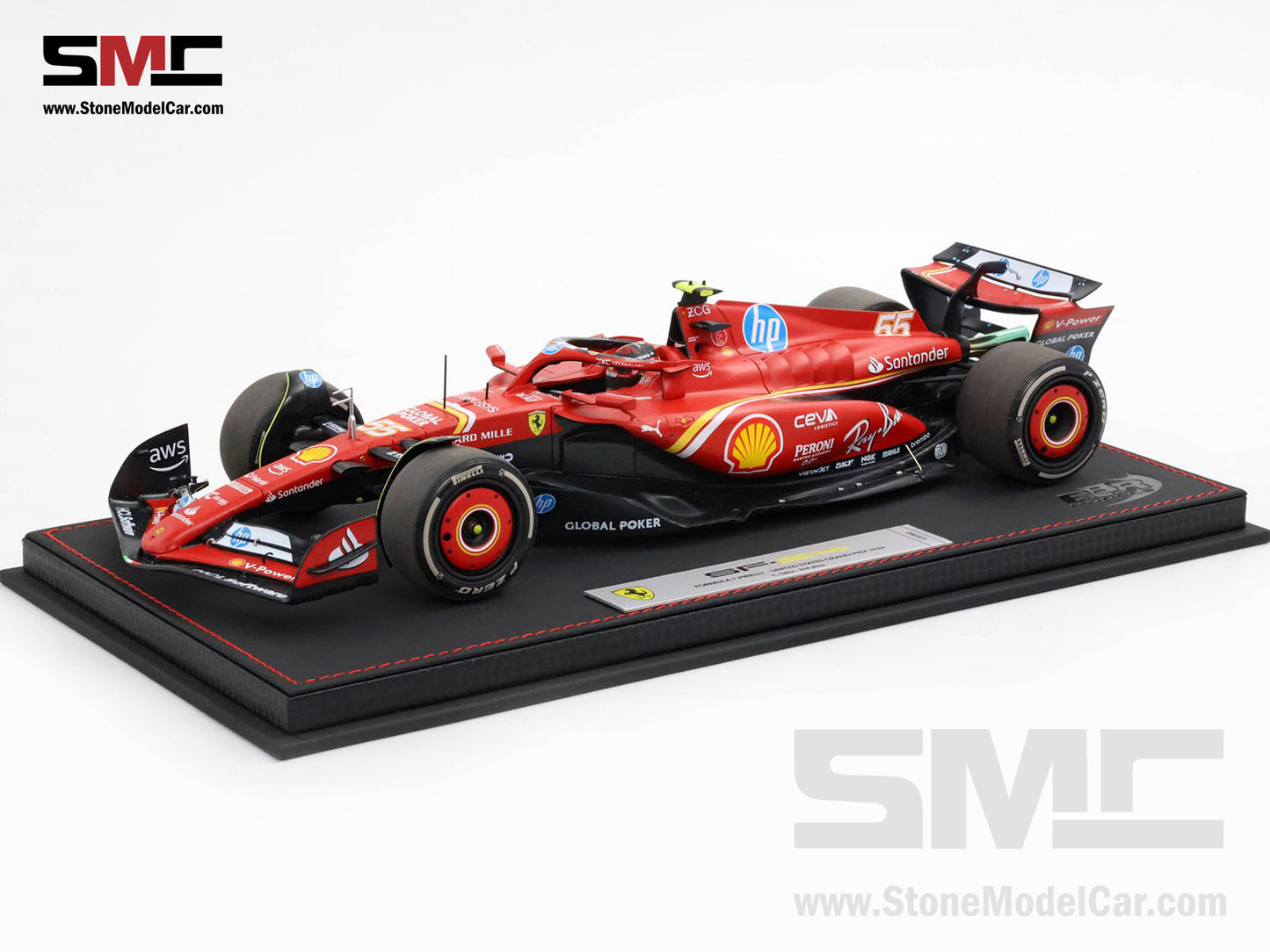 Ferrari F1 SF-24 #55 Carlos Sainz US Austin GP 2nd 2024 BBR 1:18 with Leather Base
