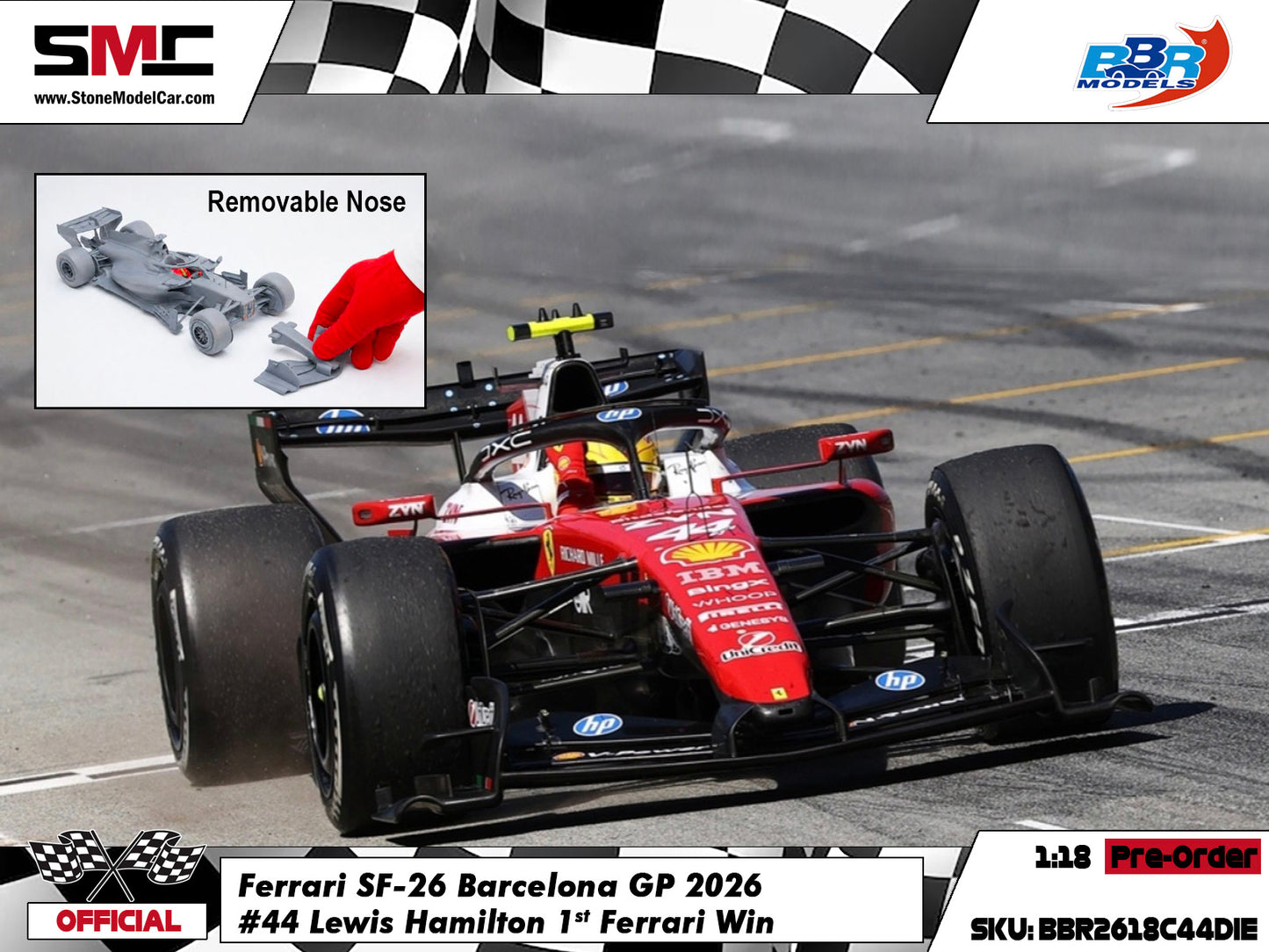 [Pre-Order] Ferrari HP F1 SF-26 #44 Lewis Hamilton Barcelona GP 2026 BBR 1:18 with Leather Base