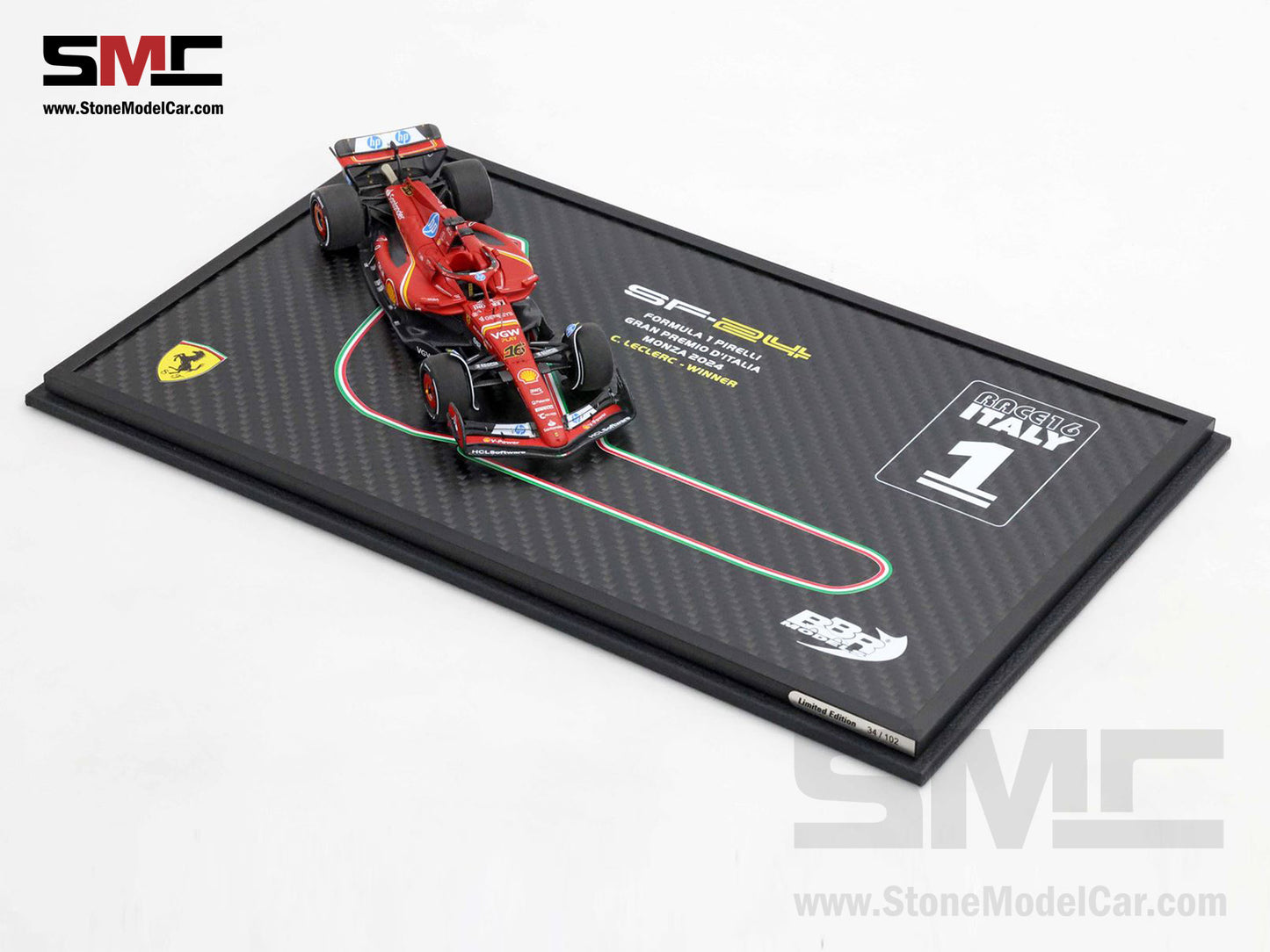 Ferrari F1 SF-24 #16 Charles Leclerc Winner Italy GP 2024 BBR 1:43 BRC307ACOF Carbon Box