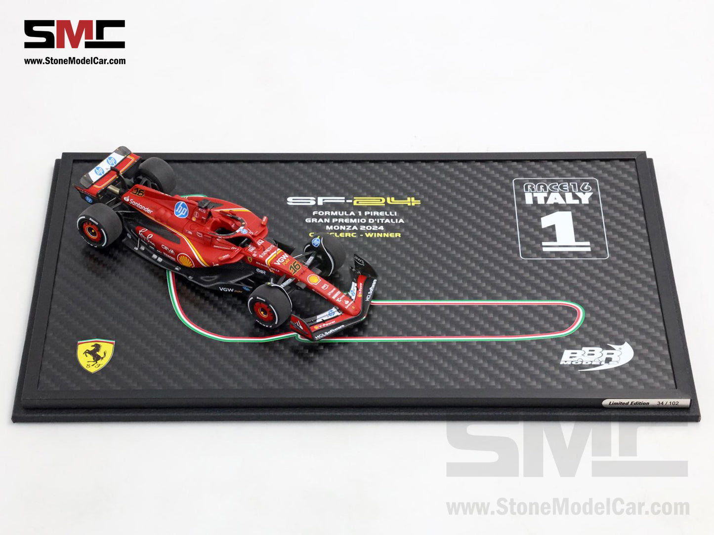 Ferrari F1 SF-24 #16 Charles Leclerc Winner Italy GP 2024 BBR 1:43 BRC307ACOF Carbon Box