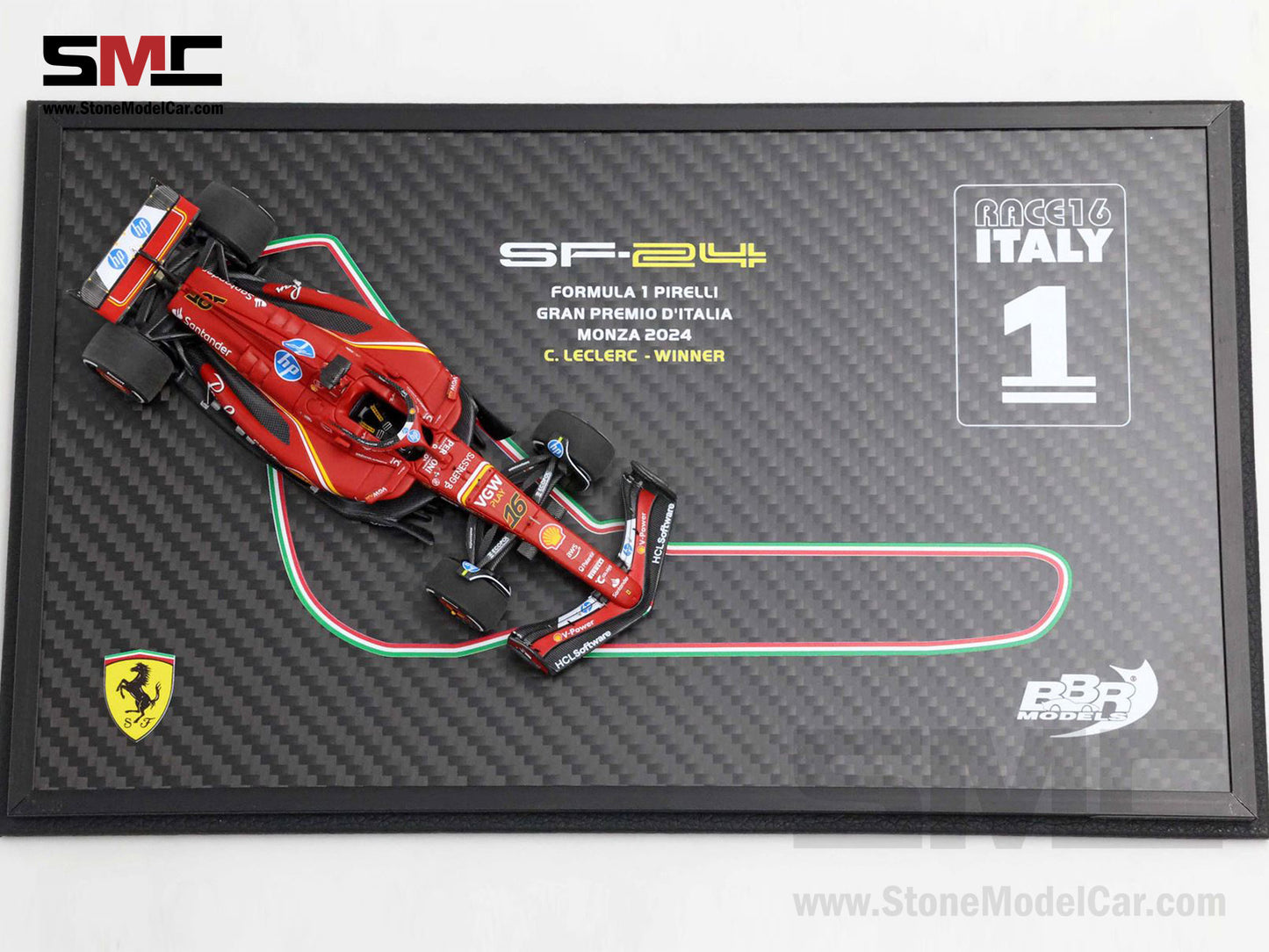 Ferrari F1 SF-24 #16 Charles Leclerc Winner Italy GP 2024 BBR 1:43 BRC307ACOF Carbon Box