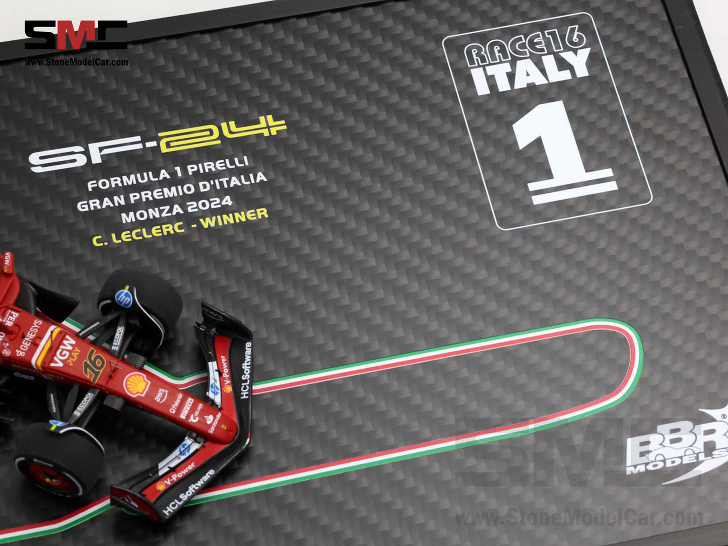 Ferrari F1 SF-24 #16 Charles Leclerc Winner Italy GP 2024 BBR 1:43 BRC307ACOF Carbon Box