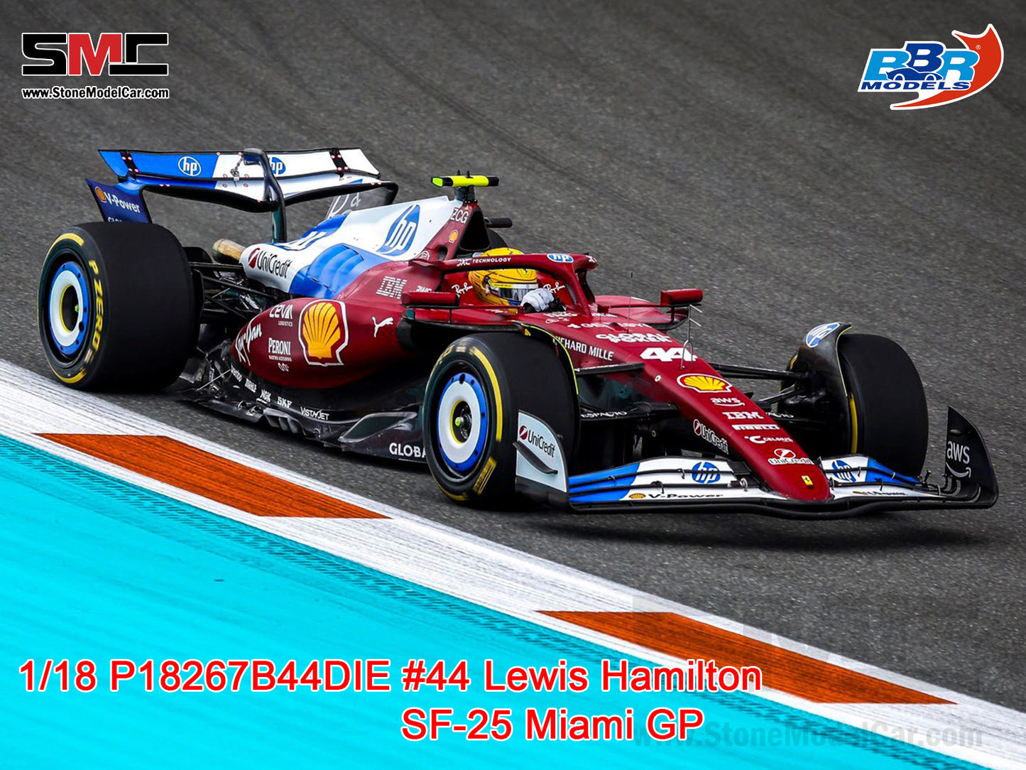 [Pre-Order] Ferrari F1 SF-25 #44 Lewis Hamilton Miami GP 2025 Special Livery BBR 1:18 with Leather Base