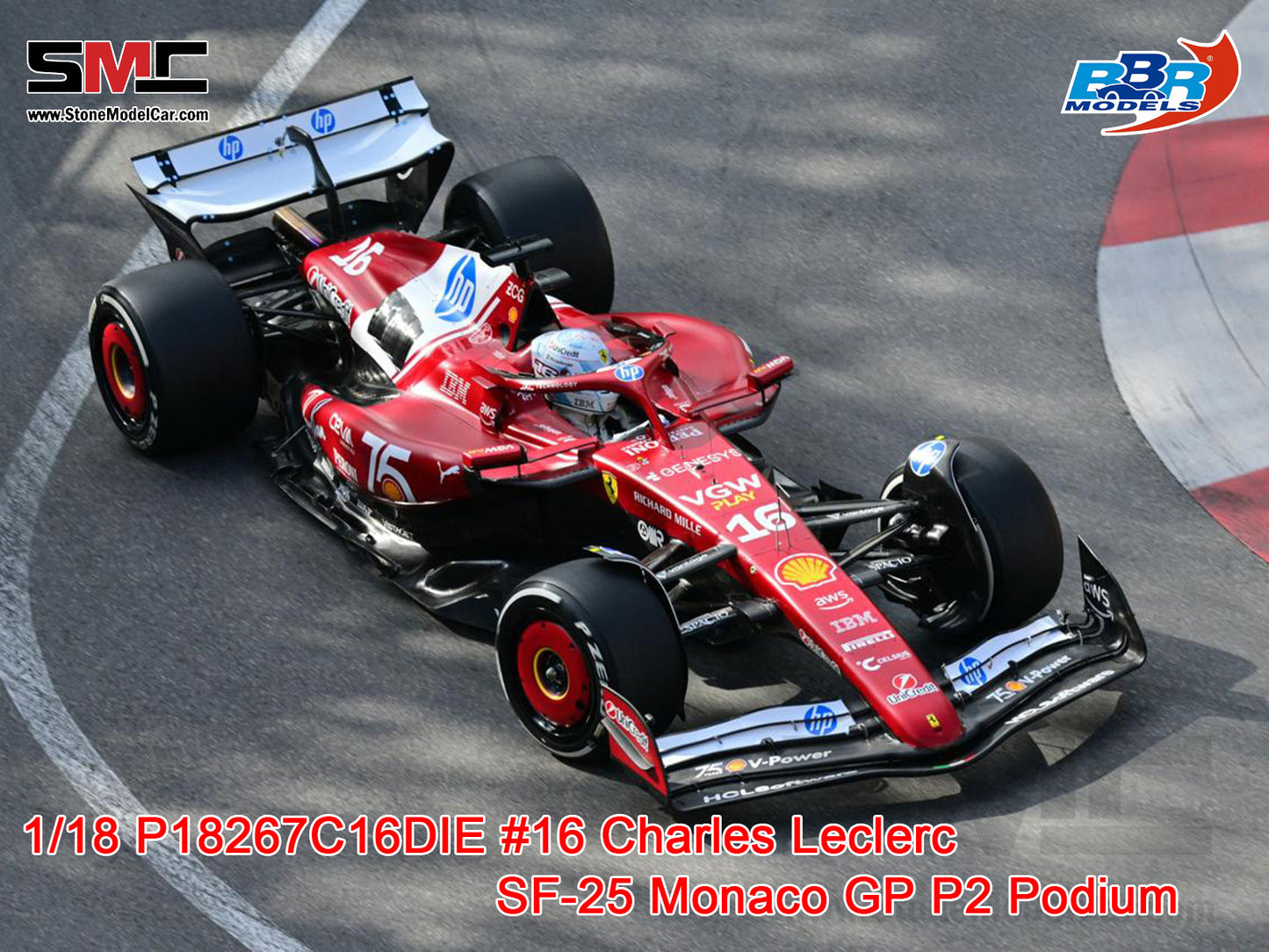 [Pre-Order] Ferrari F1 SF-25 #16 Charles Leclerc Monaco GP 2025 Shell Special Livery BBR 1:18 with Leather Base