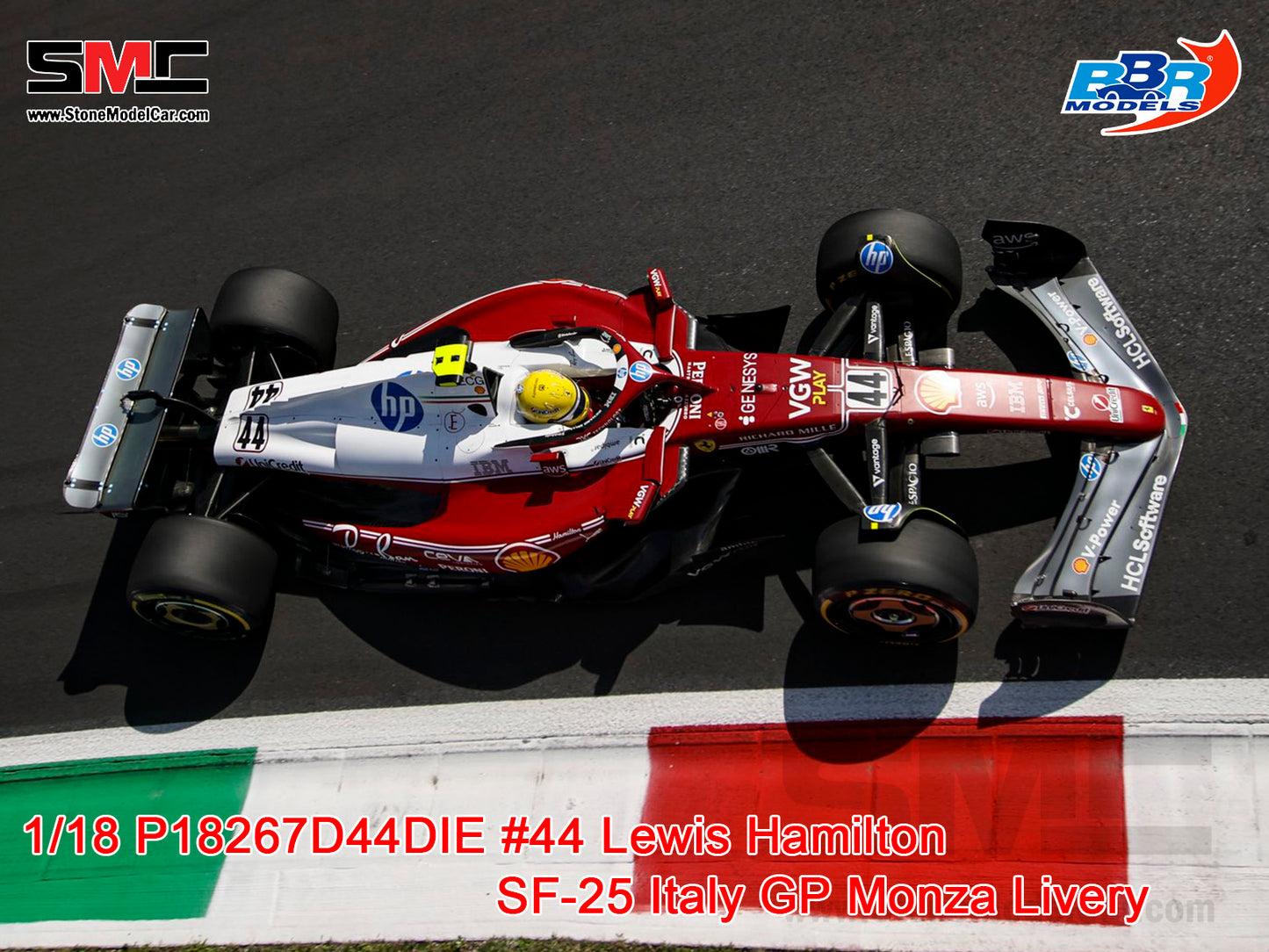 [Pre-Order] Ferrari F1 SF-25 #44 Lewis Hamilton Italy Monza GP 2025 312T Special Livery BBR 1:18 with Leather Base