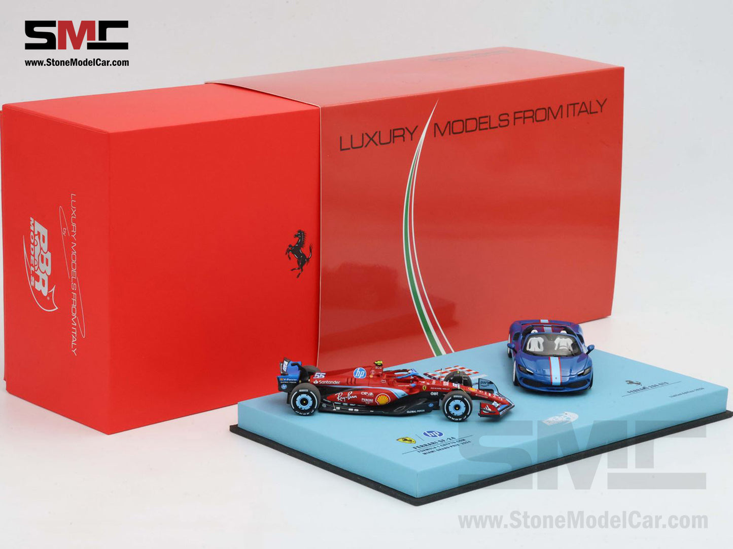 Ferrari F1 SF-24 & 296 GTS #55 Carlos Sainz USA Miami GP 2024 2x Car Set BBR 1:43 BBRC268BSET