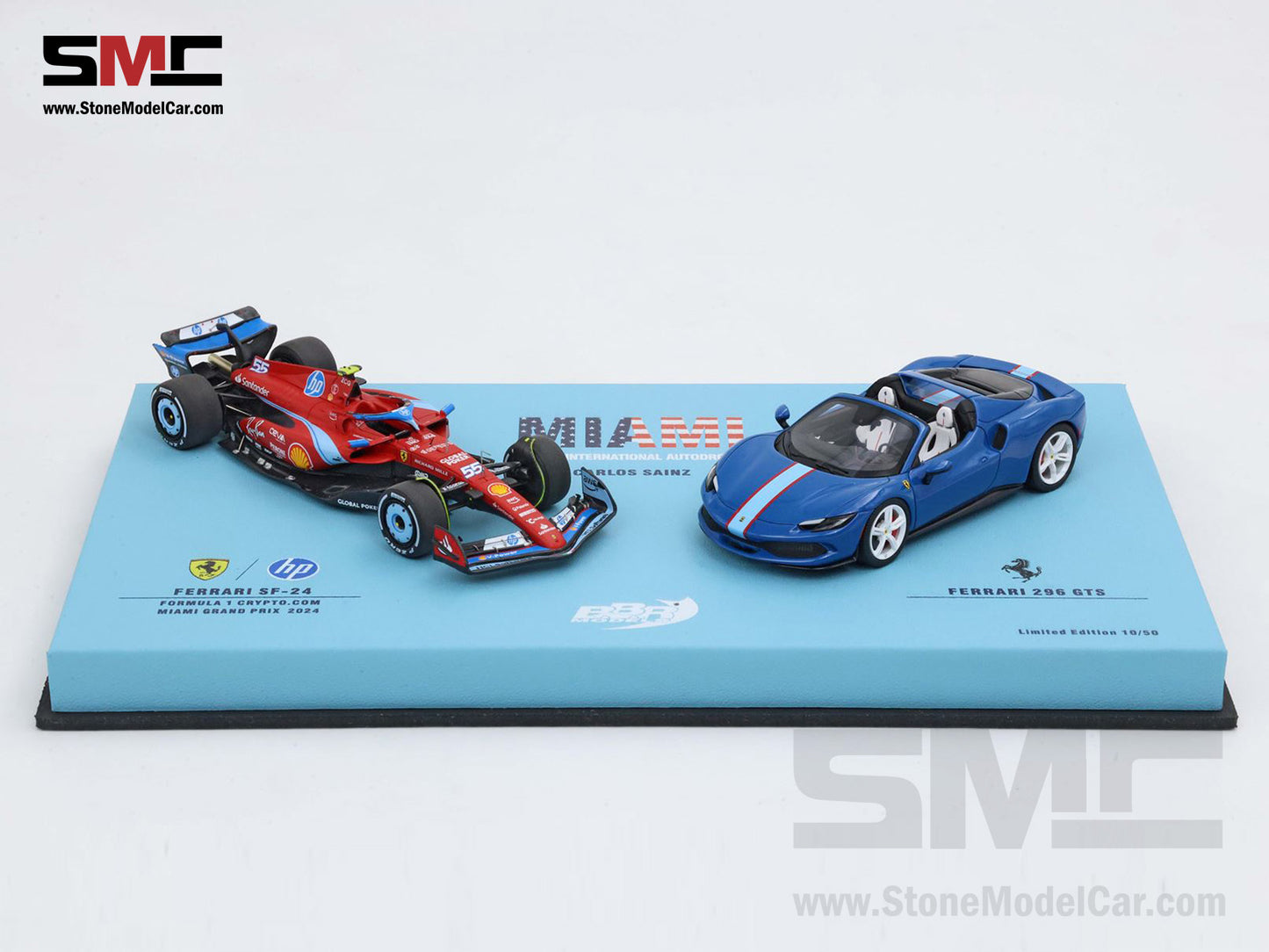 Ferrari F1 SF-24 & 296 GTS #55 Carlos Sainz USA Miami GP 2024 2x Car Set BBR 1:43 BBRC268BSET