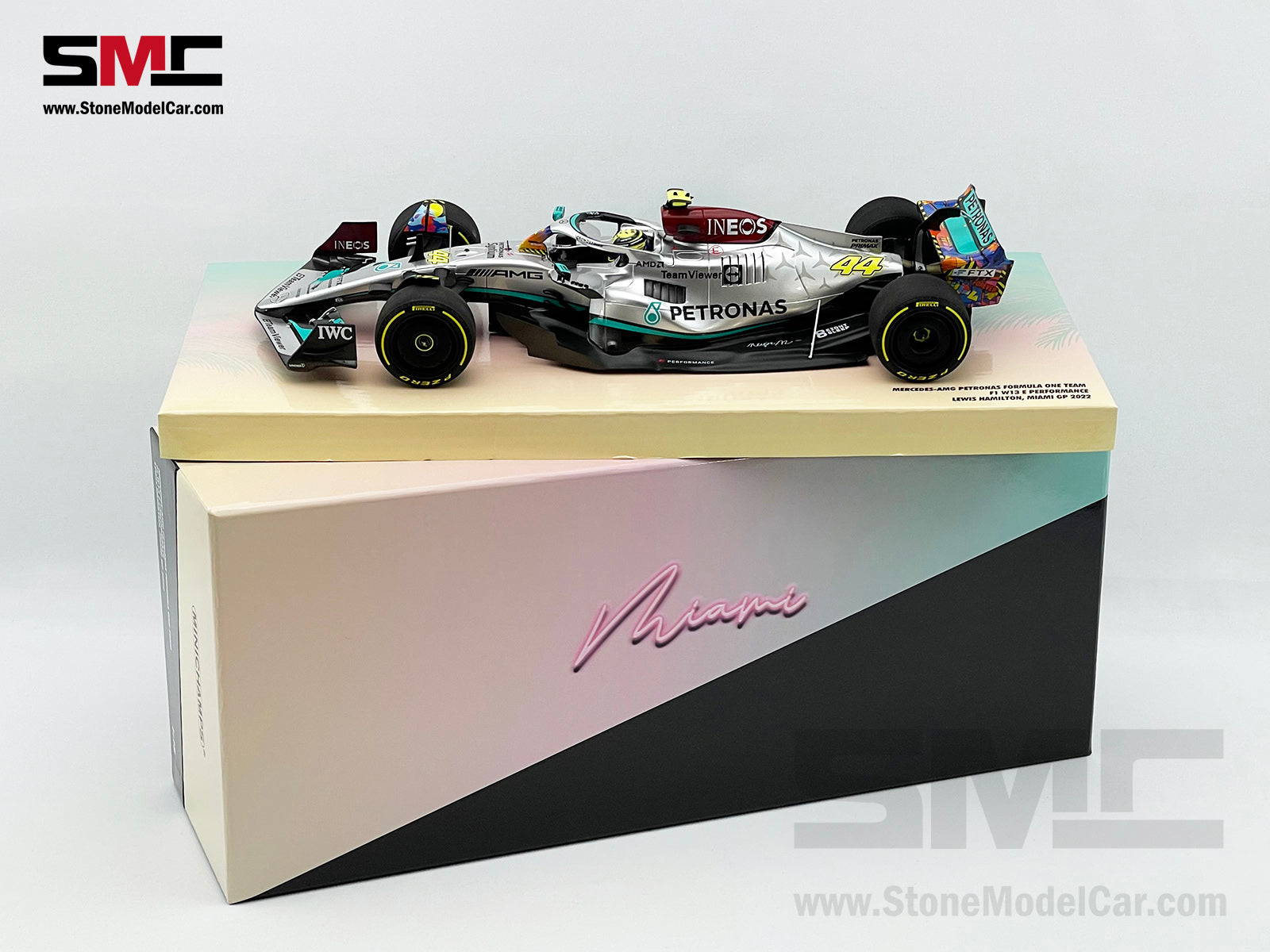 MINICHAMPS MERCEDES AMG Petronas F1 W13 E Lewis Hamilton Miami GP 2022 MINICHAMPS MERCEDES AMG Petronas F1 W13 E Lewis Hamilton Miami GP 2022