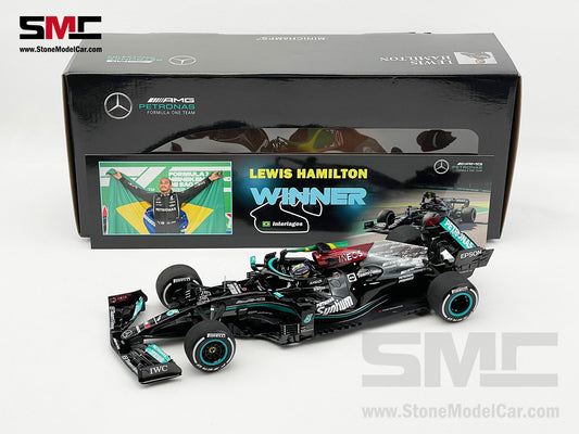 Mercedes AMG F1 W12 #44 Lewis Hamilton Brazil GP 2021 with Flag 1:18 Minichamps