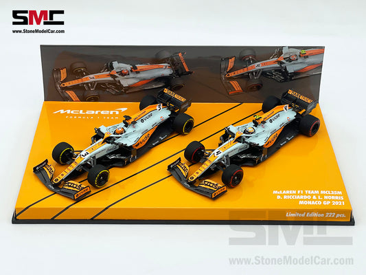 Mclaren F1 MCL35M #3 D. Ricciardo #4 L. Norris Monaco 2021 Gulf Livery 1:43 MINICHAMPS 2x Car Set with Decal