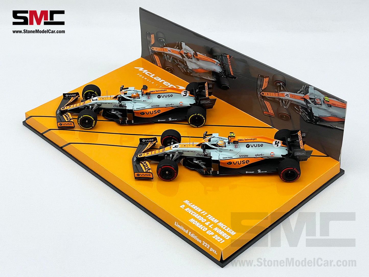 Mclaren F1 MCL35M #3 D. Ricciardo #4 L. Norris Monaco 2021 Gulf Livery 1:43 MINICHAMPS 2x Car Set with Decal