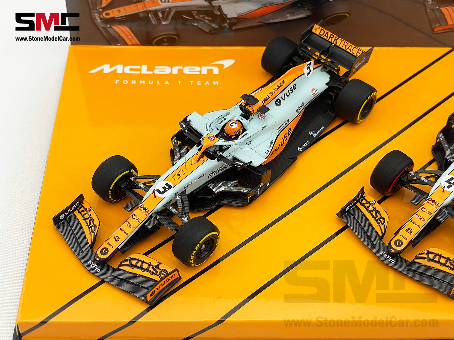 Mclaren F1 MCL35M #3 D. Ricciardo #4 L. Norris Monaco 2021 Gulf Livery 1:43 MINICHAMPS 2x Car Set with Decal