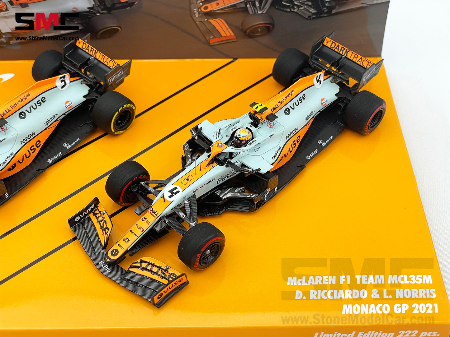 Mclaren F1 MCL35M #3 D. Ricciardo #4 L. Norris Monaco 2021 Gulf Livery 1:43 MINICHAMPS 2x Car Set with Decal