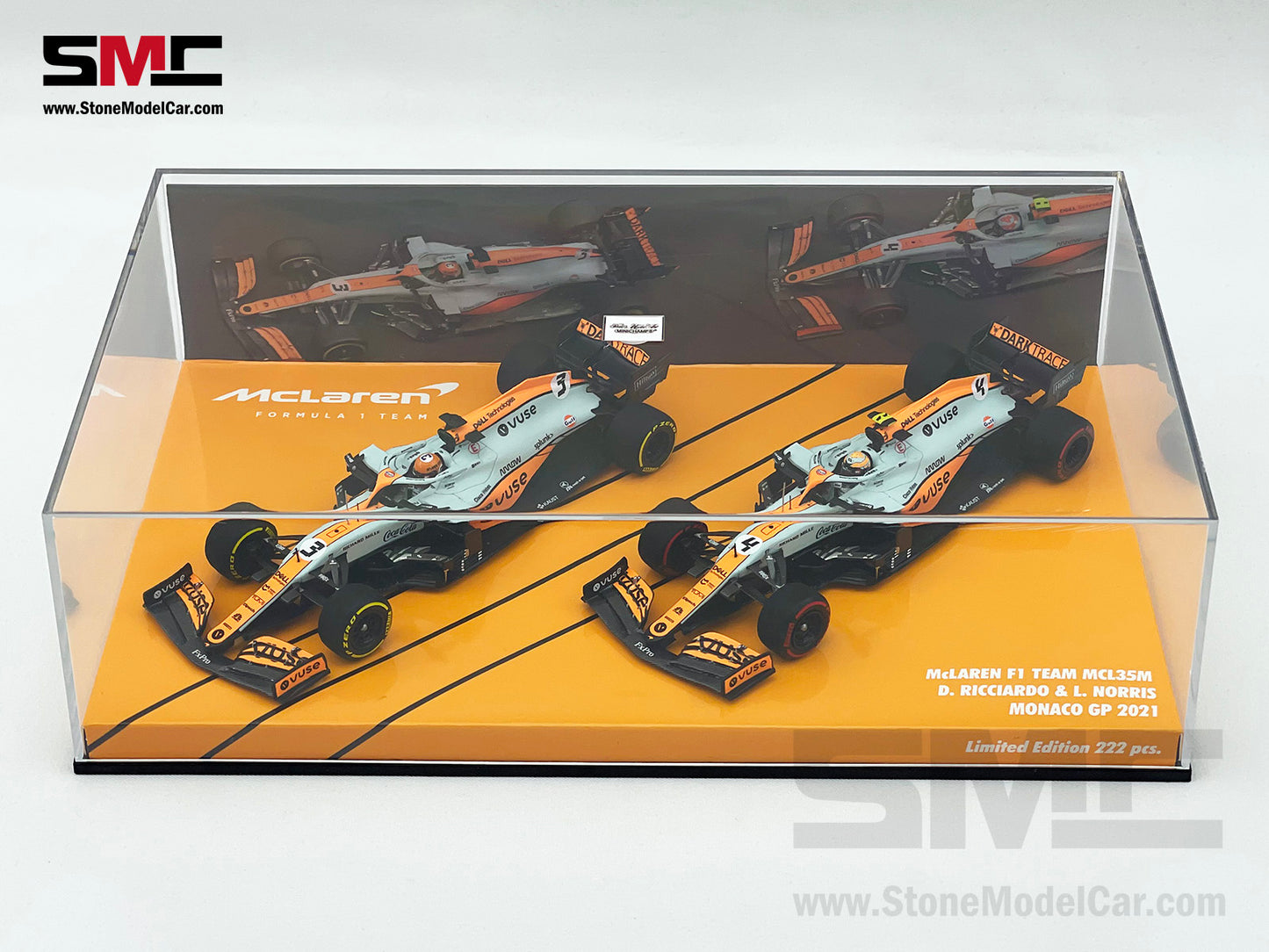 Mclaren F1 MCL35M #3 D. Ricciardo #4 L. Norris Monaco 2021 Gulf Livery 1:43 MINICHAMPS 2x Car Set with Decal