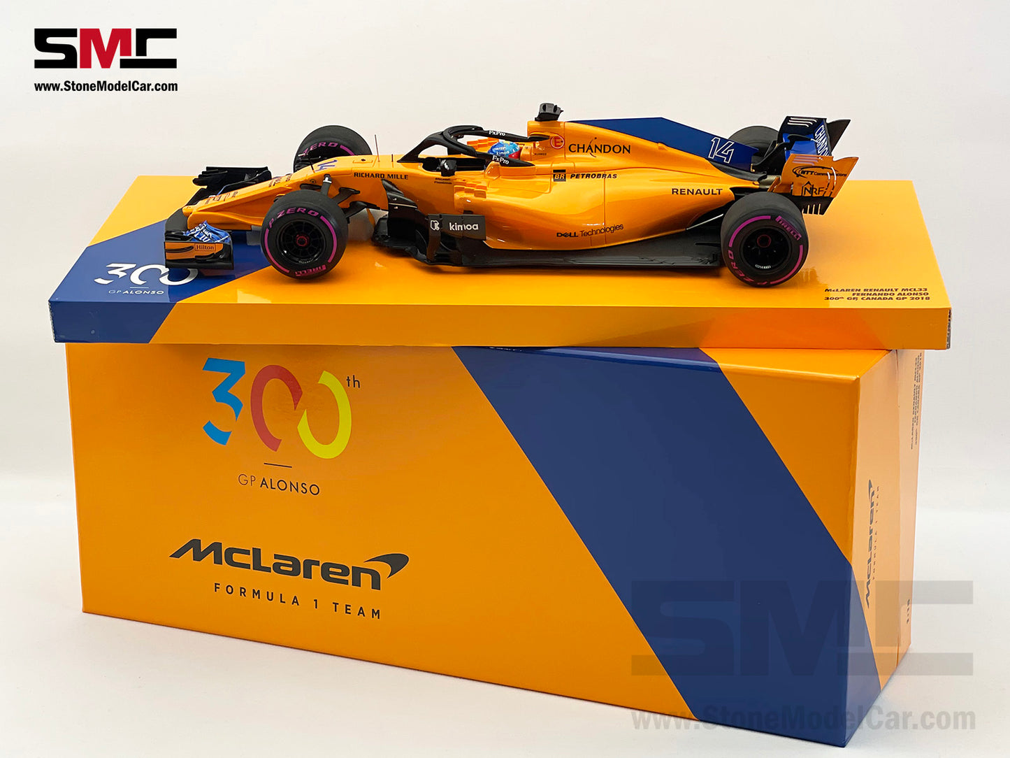 McLaren F1 MCL33 #14 Fernando Alonso Canada 2018 300th GP 1:18 MINICHAMPS Gift Box