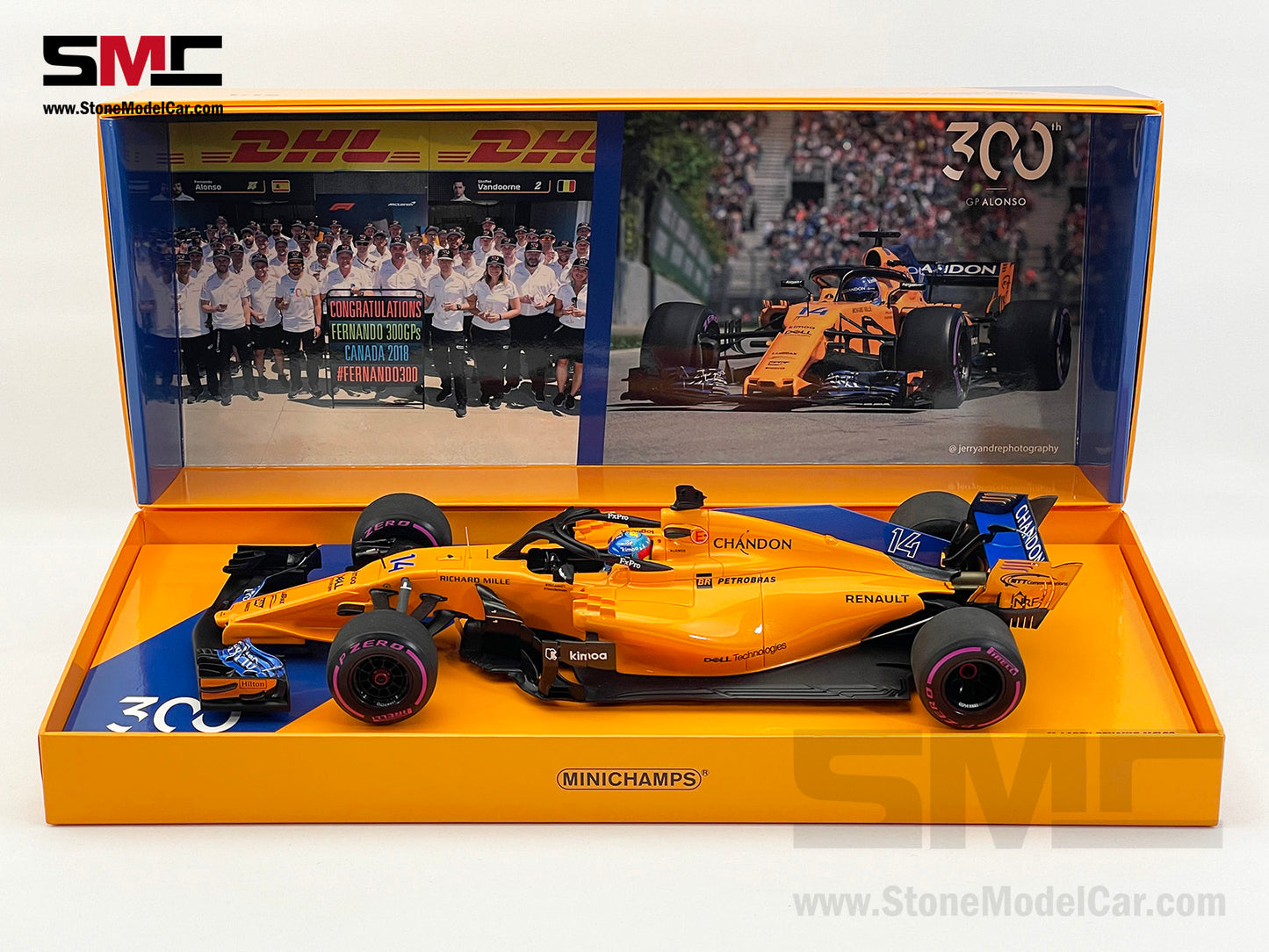 McLaren F1 MCL33 #14 Fernando Alonso Canada 2018 300th GP 1:18 MINICHAMPS Gift Box