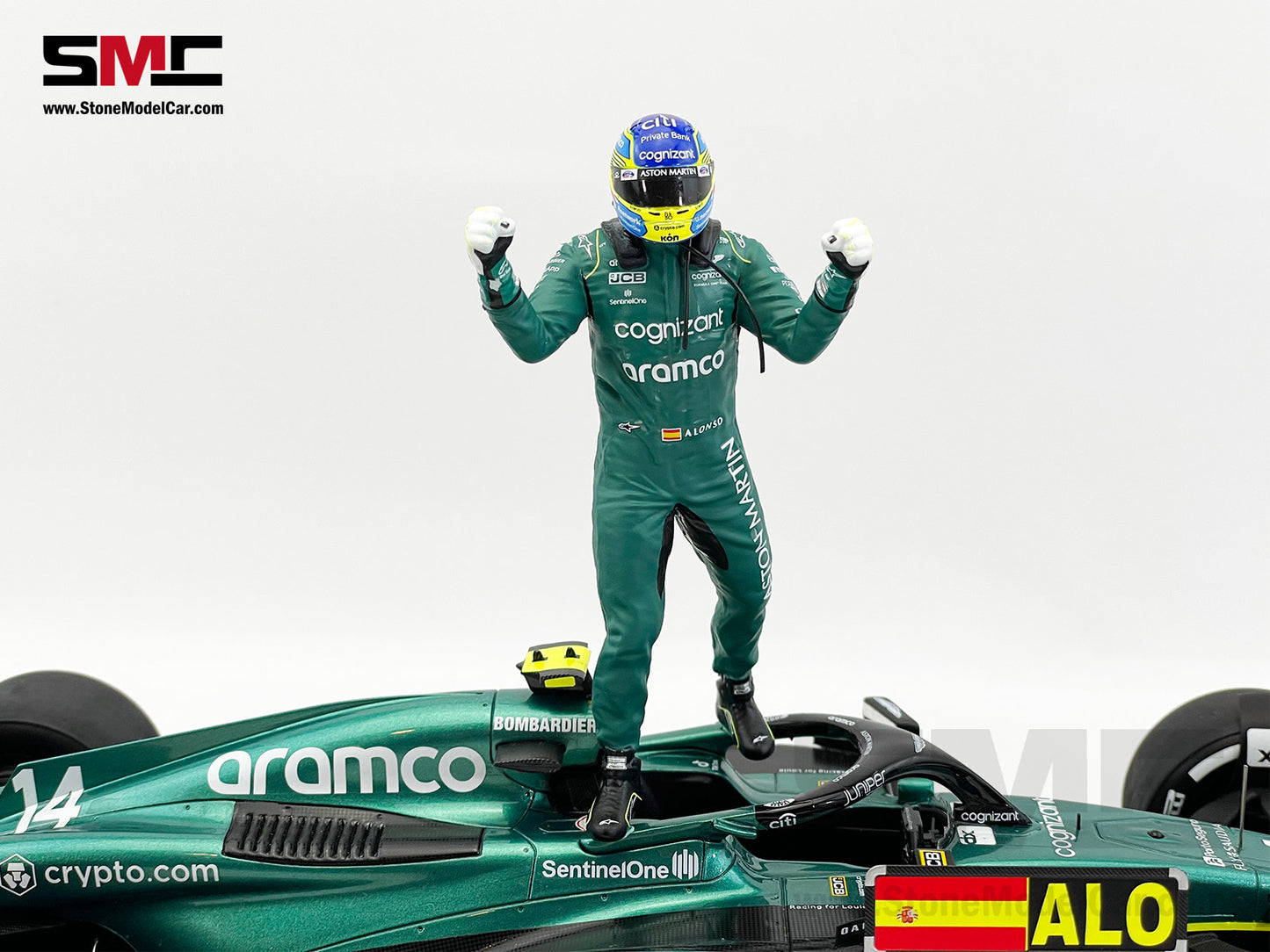 Aston Martin F1 AMR23 #14 Fernando Alonso Saudi Arabian GP 100th Career Podium 2023 1:18 Spark Figure Edition