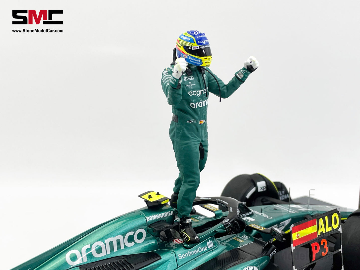 Aston Martin F1 AMR23 #14 Fernando Alonso Saudi Arabian GP 100th Career Podium 2023 1:18 Spark Figure Edition