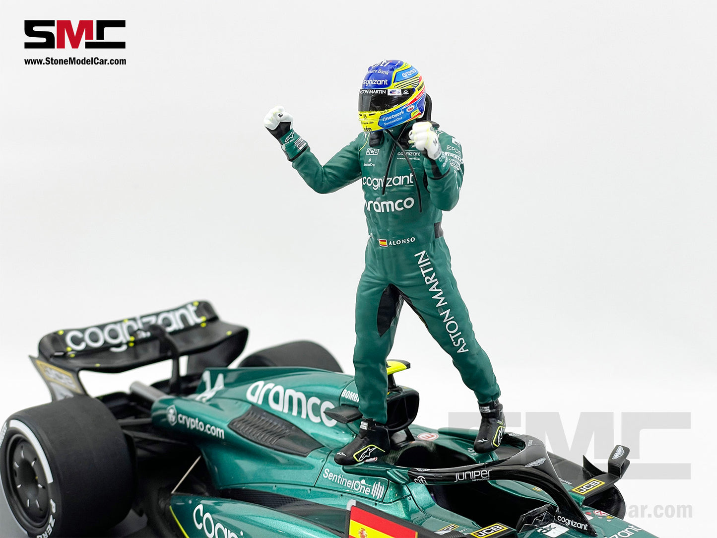 Aston Martin F1 AMR23 #14 Fernando Alonso Saudi Arabian GP 100th Career Podium 2023 1:18 Spark Figure Edition