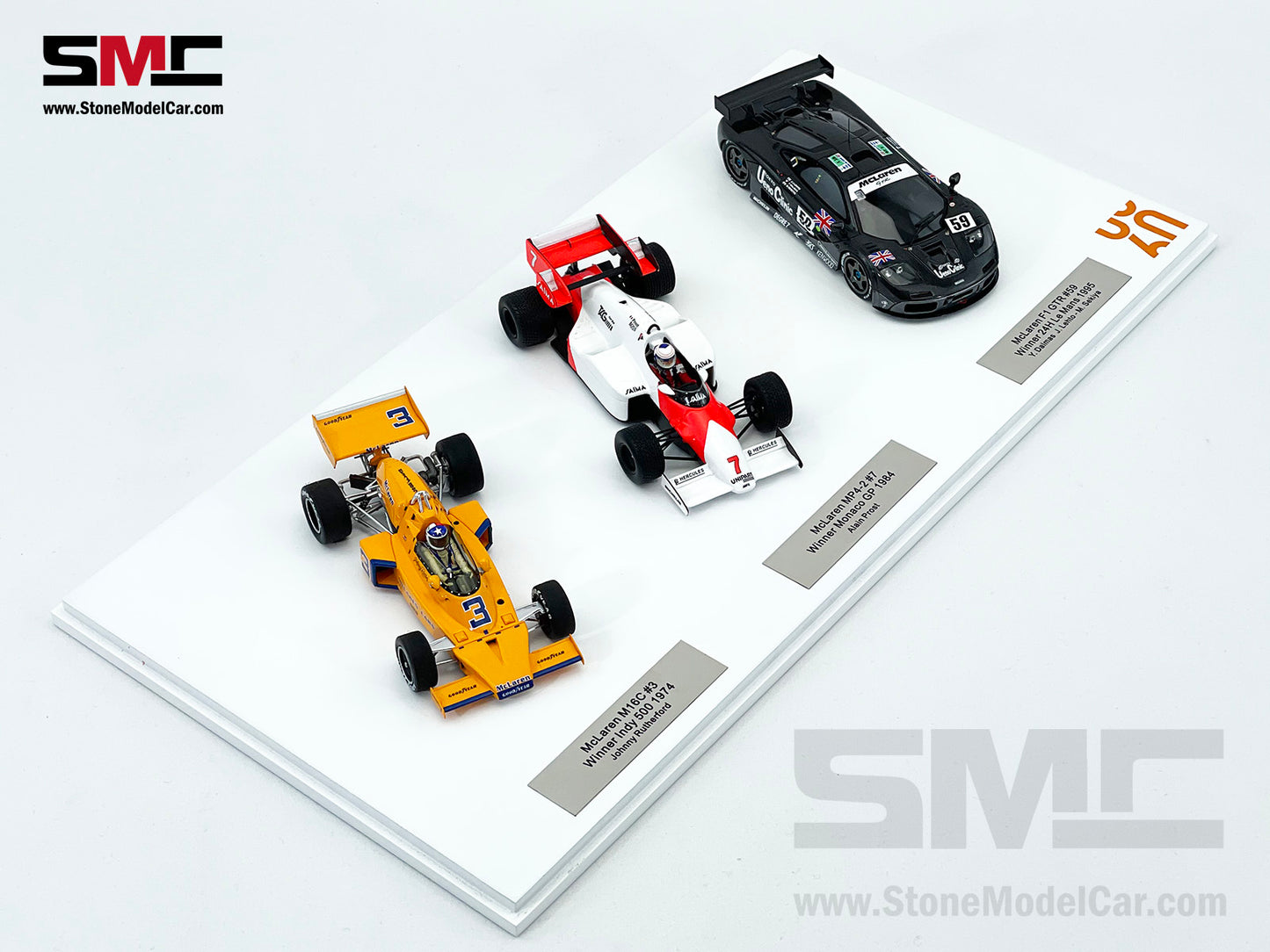 McLaren Triple Crown 1:43 Spark - M16C Indy 500 1974, MP4-2 Monaco GP 1984, F1 GTR 24H Le Mans 1995
