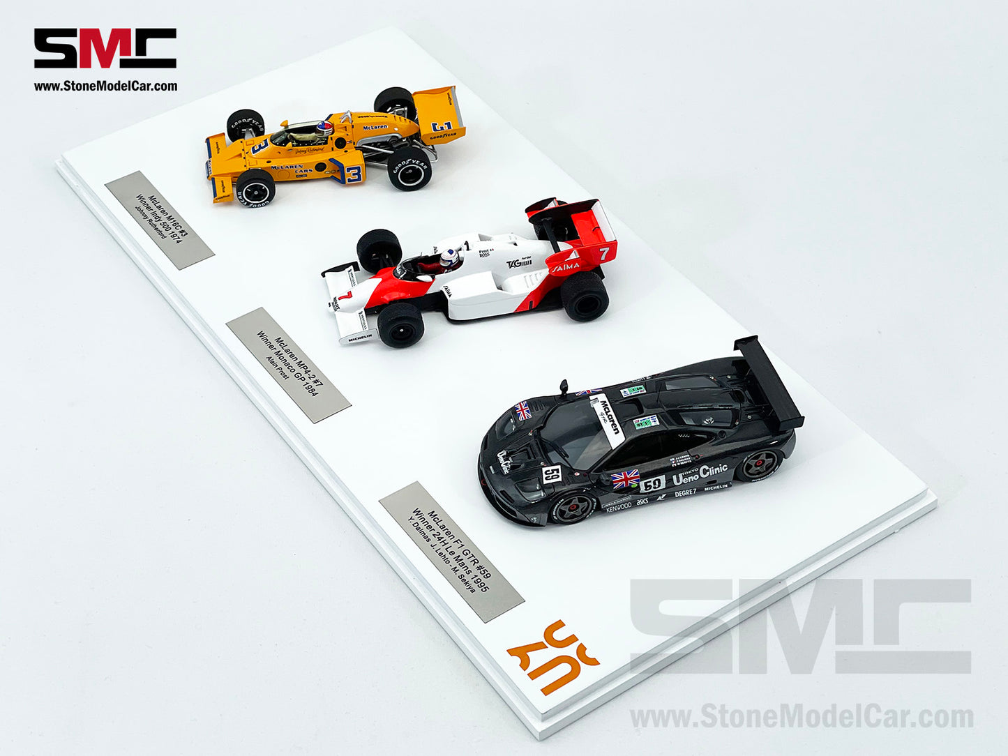McLaren Triple Crown 1:43 Spark - M16C Indy 500 1974, MP4-2 Monaco GP 1984, F1 GTR 24H Le Mans 1995