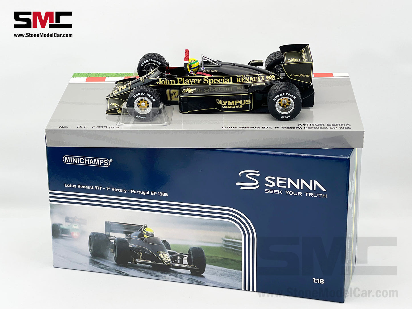 Lotus F1 97T #12 Ayrton Senna Portugal GP 1985 1st Career Win 1:18 MINICHAMPS with JPS Decal