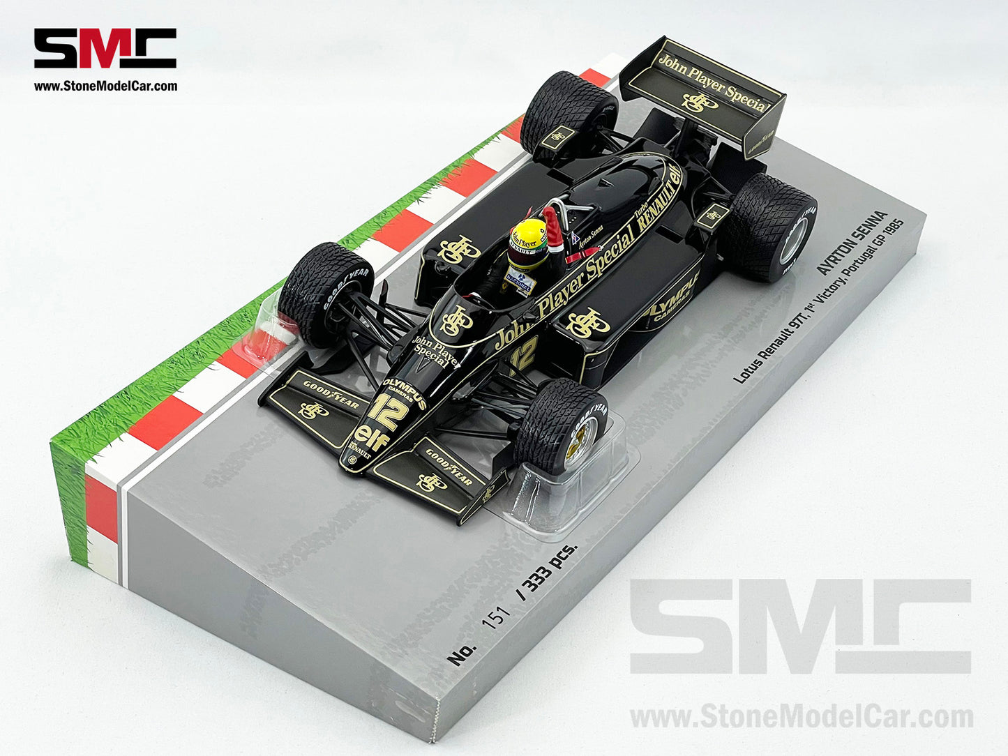 Lotus F1 97T #12 Ayrton Senna Portugal GP 1985 1st Career Win 1:18 MINICHAMPS with JPS Decal