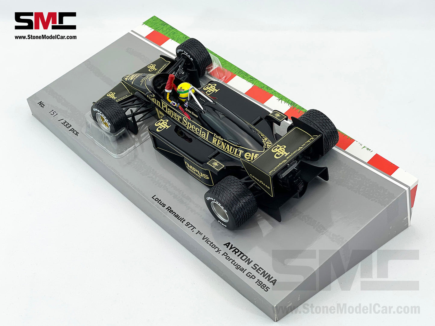 Lotus F1 97T #12 Ayrton Senna Portugal GP 1985 1st Career Win 1:18 MINICHAMPS with JPS Decal