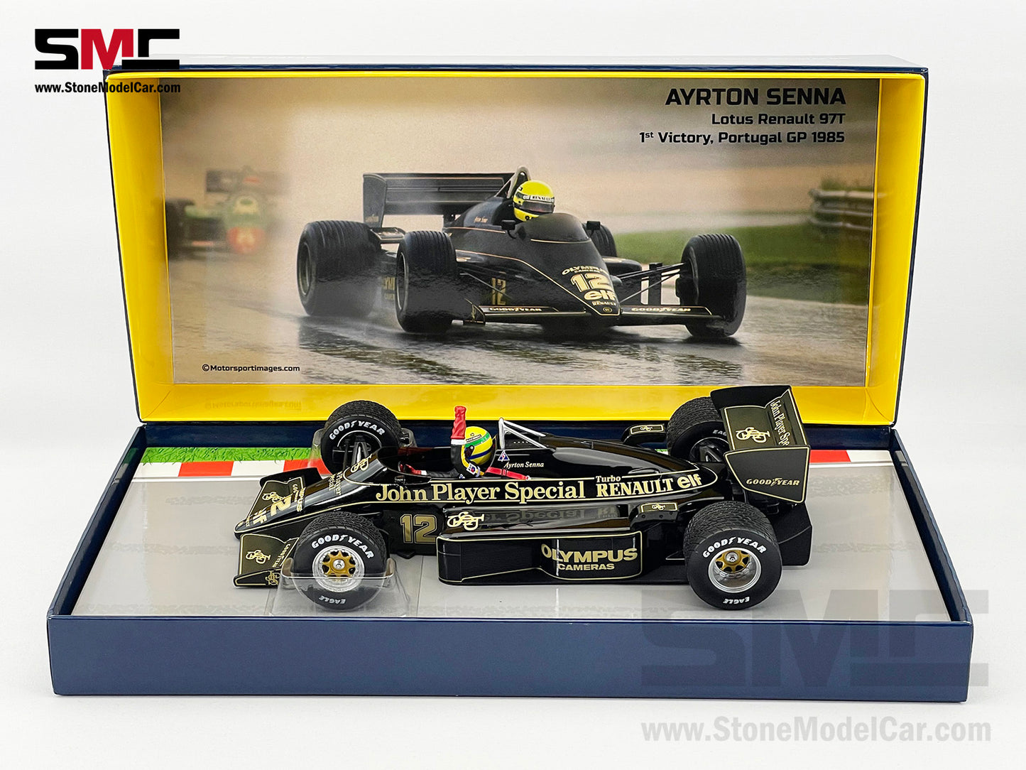 Lotus F1 97T #12 Ayrton Senna Portugal GP 1985 1st Career Win 1:18 MINICHAMPS with JPS Decal