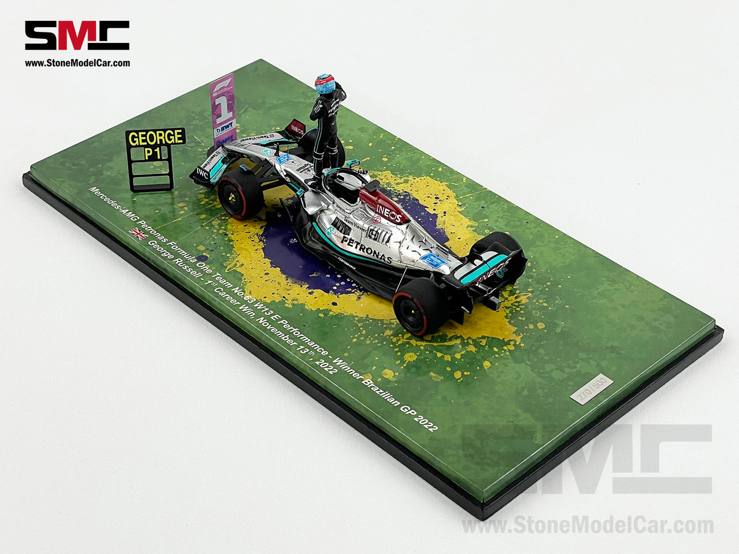 2022 F1 Mercedes W13 #63 George Russell Brazil GP 1st Win Spark 1:43 with Figure