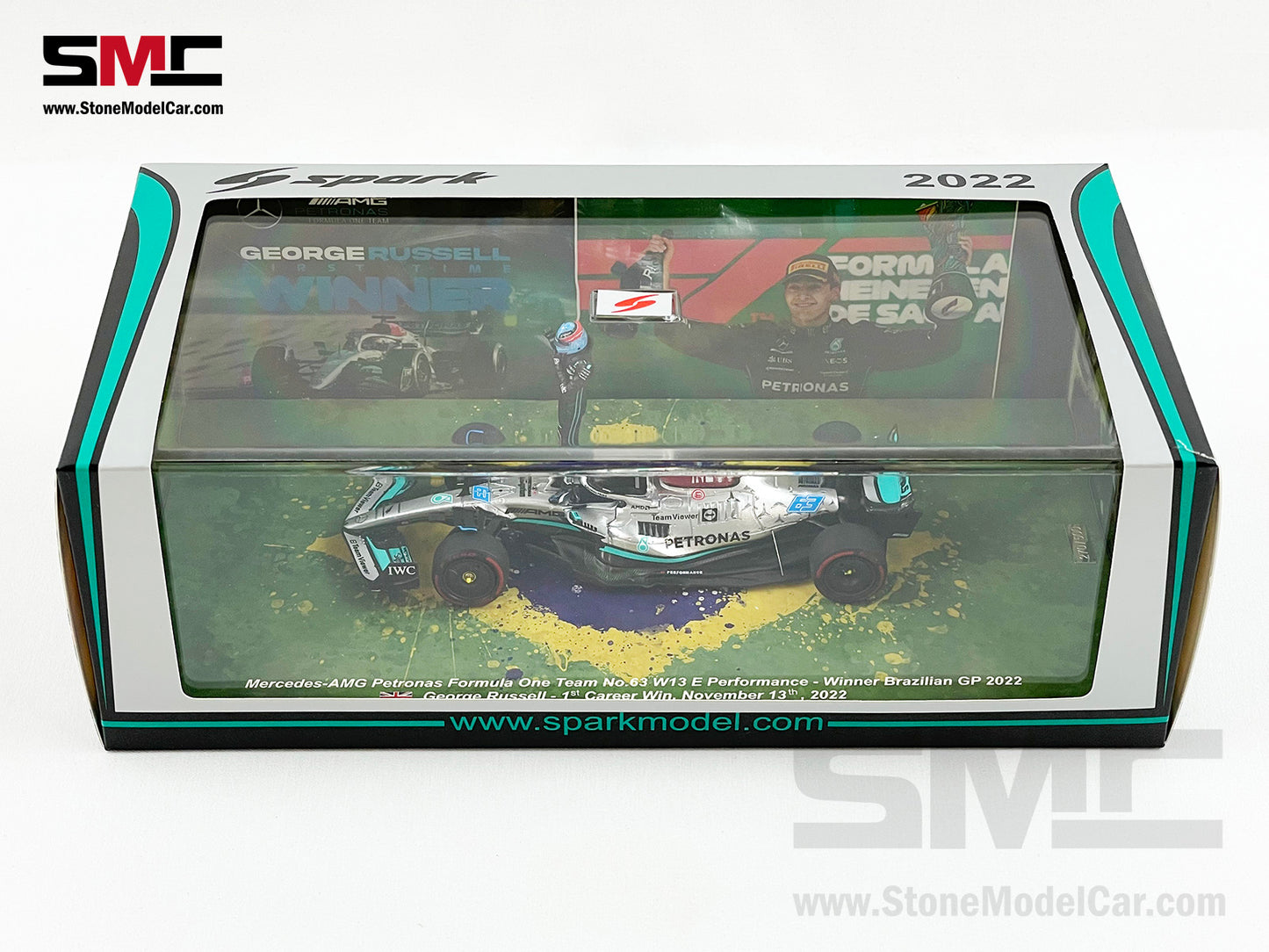 2022 F1 Mercedes W13 #63 George Russell Brazil GP 1st Win Spark 1:43 with Figure