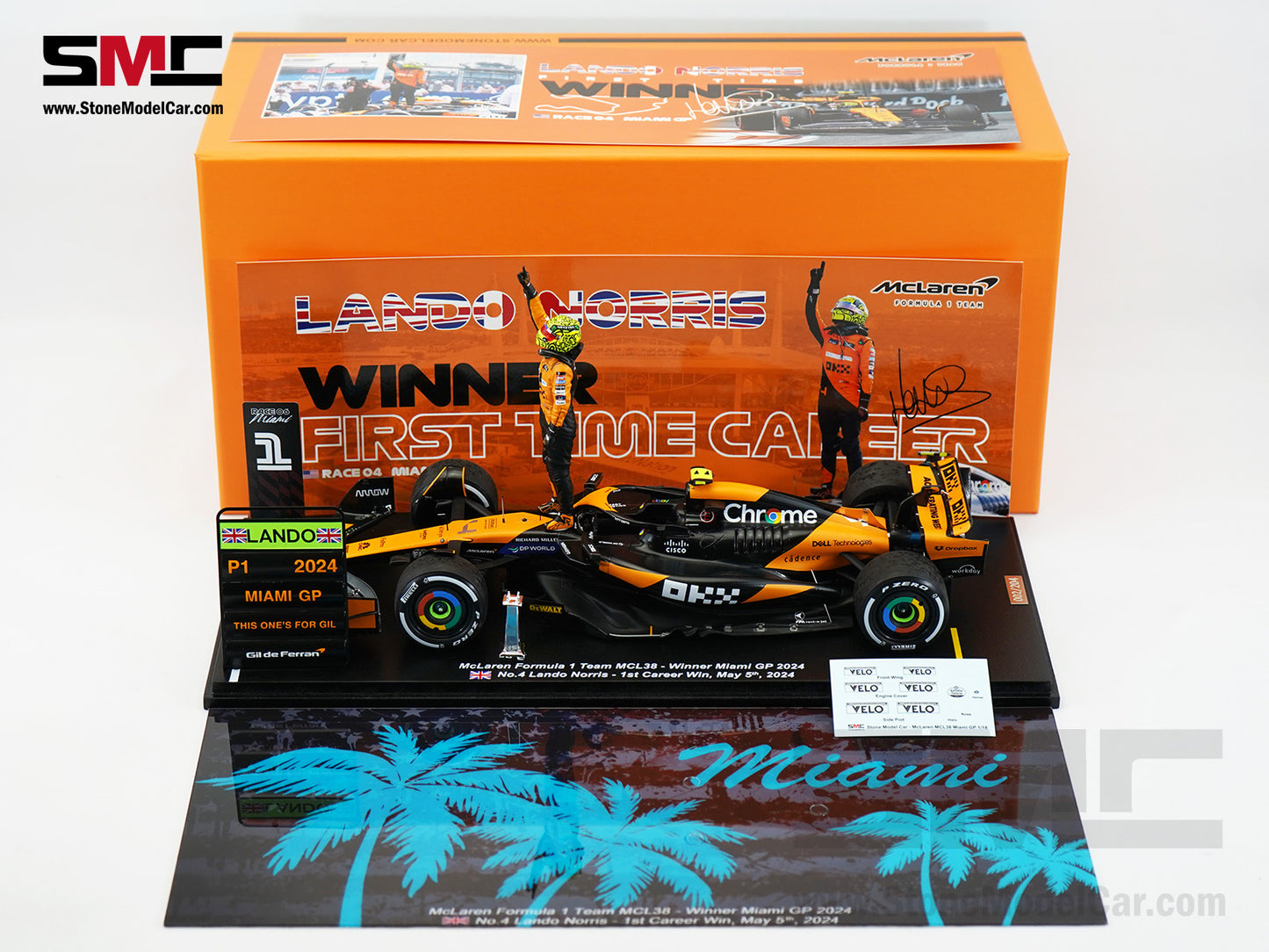 McLaren F1 MCL38 #4 Lando Norris Miami GP 2024 1st Career Win 1:18 Spark Figure Special Edition