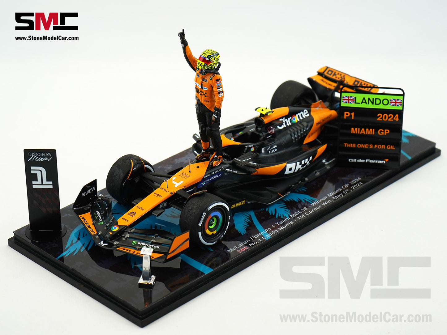 McLaren F1 MCL38 #4 Lando Norris Miami GP 2024 1st Career Win 1:18 Spark Figure Special Edition