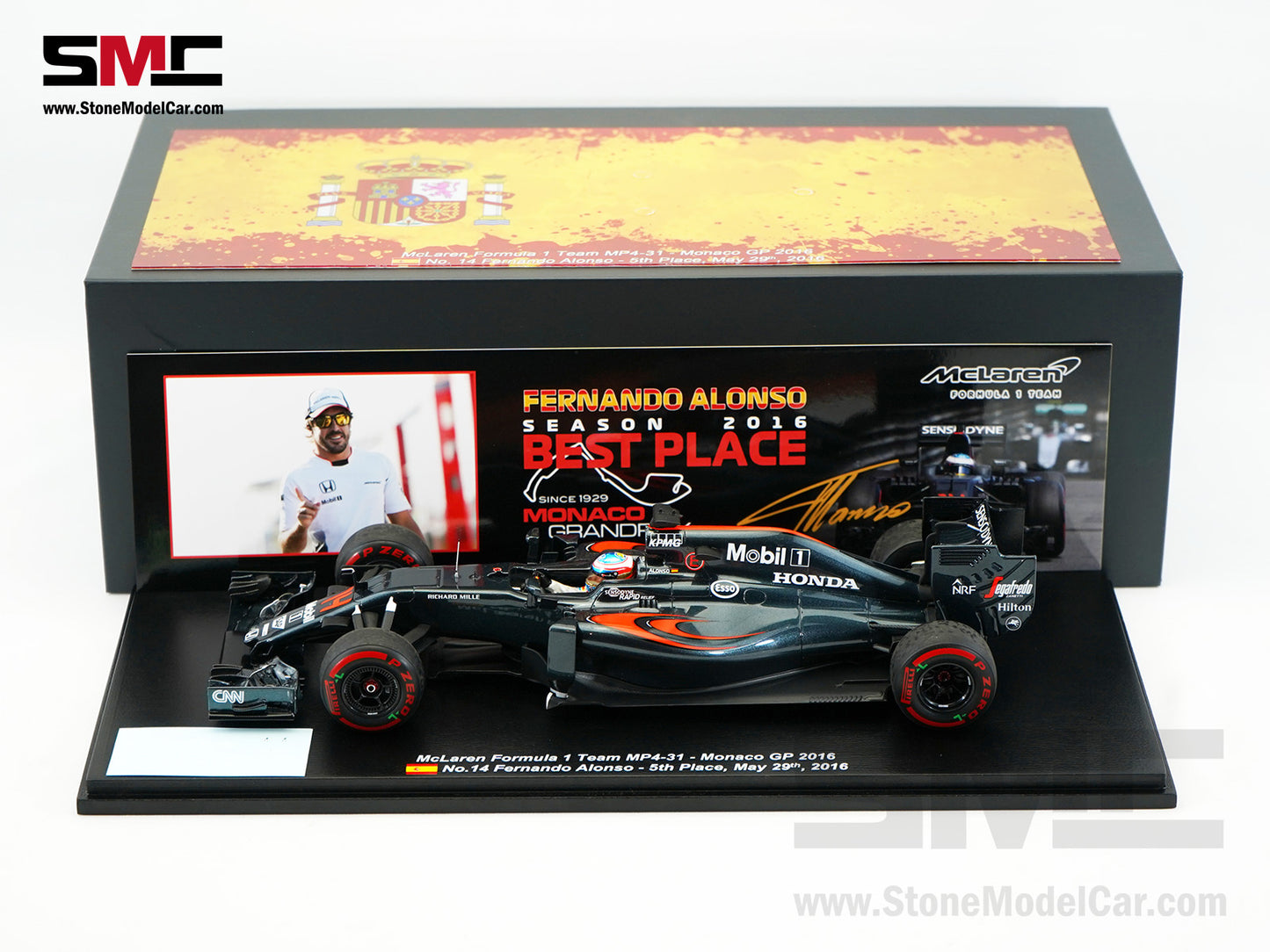 McLaren F1 MP4-31 #14 Fernando Alonso Monaco GP 2016 5th Place 1:18 Spark 18S248S